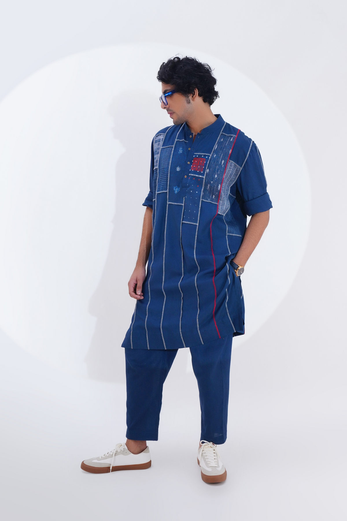 Indigo Printed Panel Patch Kurta Set