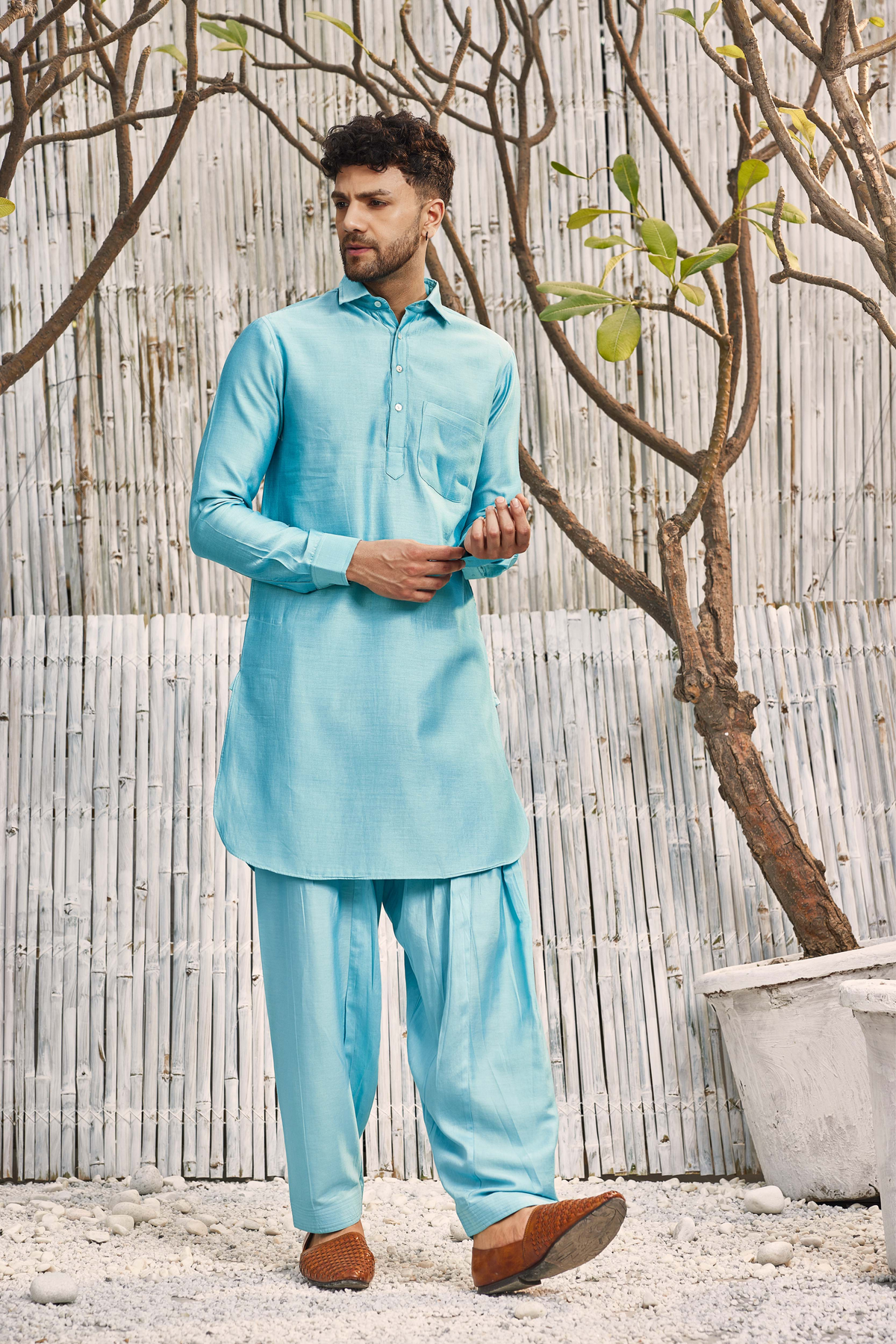 Chanderi Blue Pathani Kurta Set