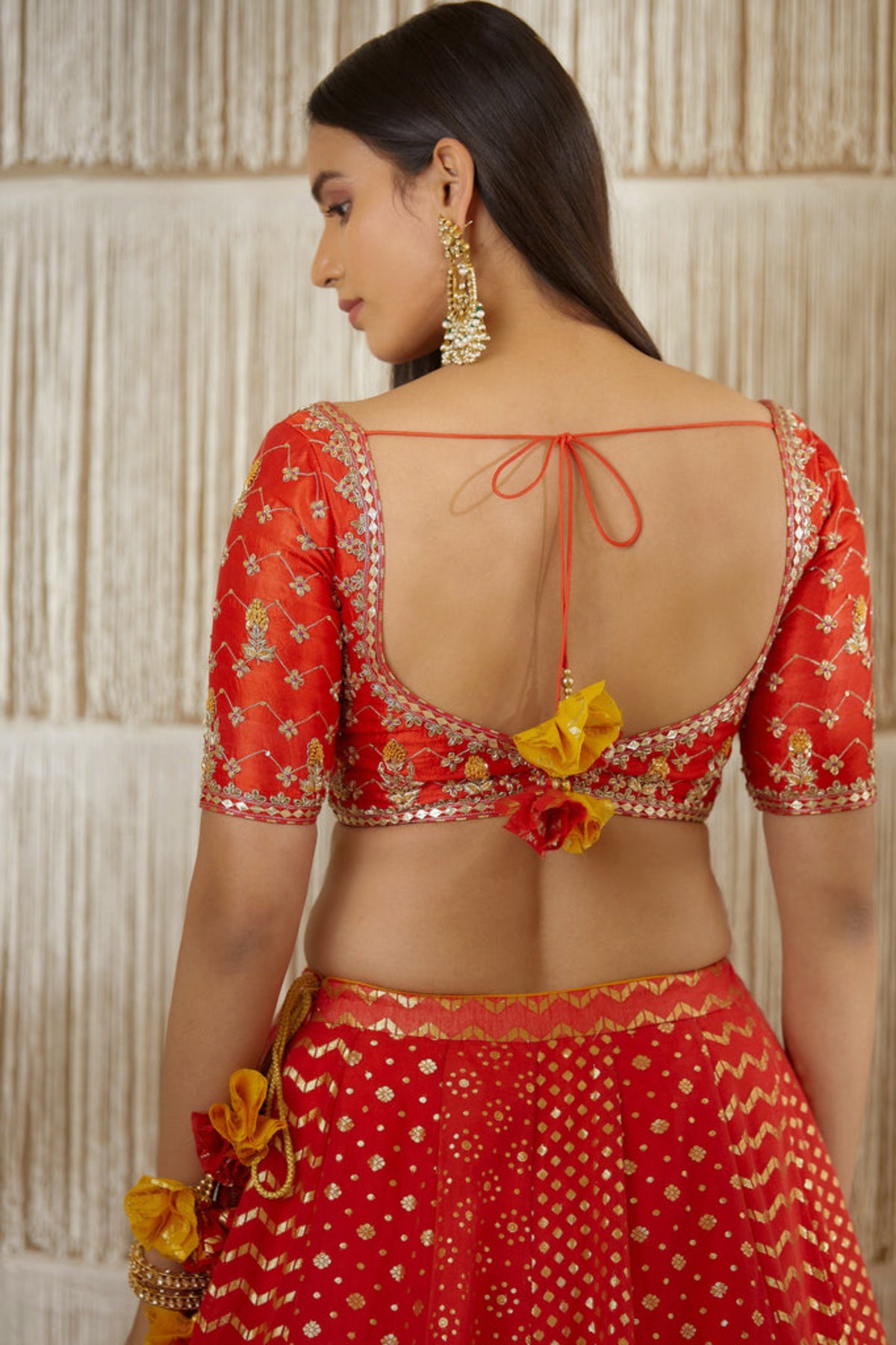 Red zardozi silk lehenga set