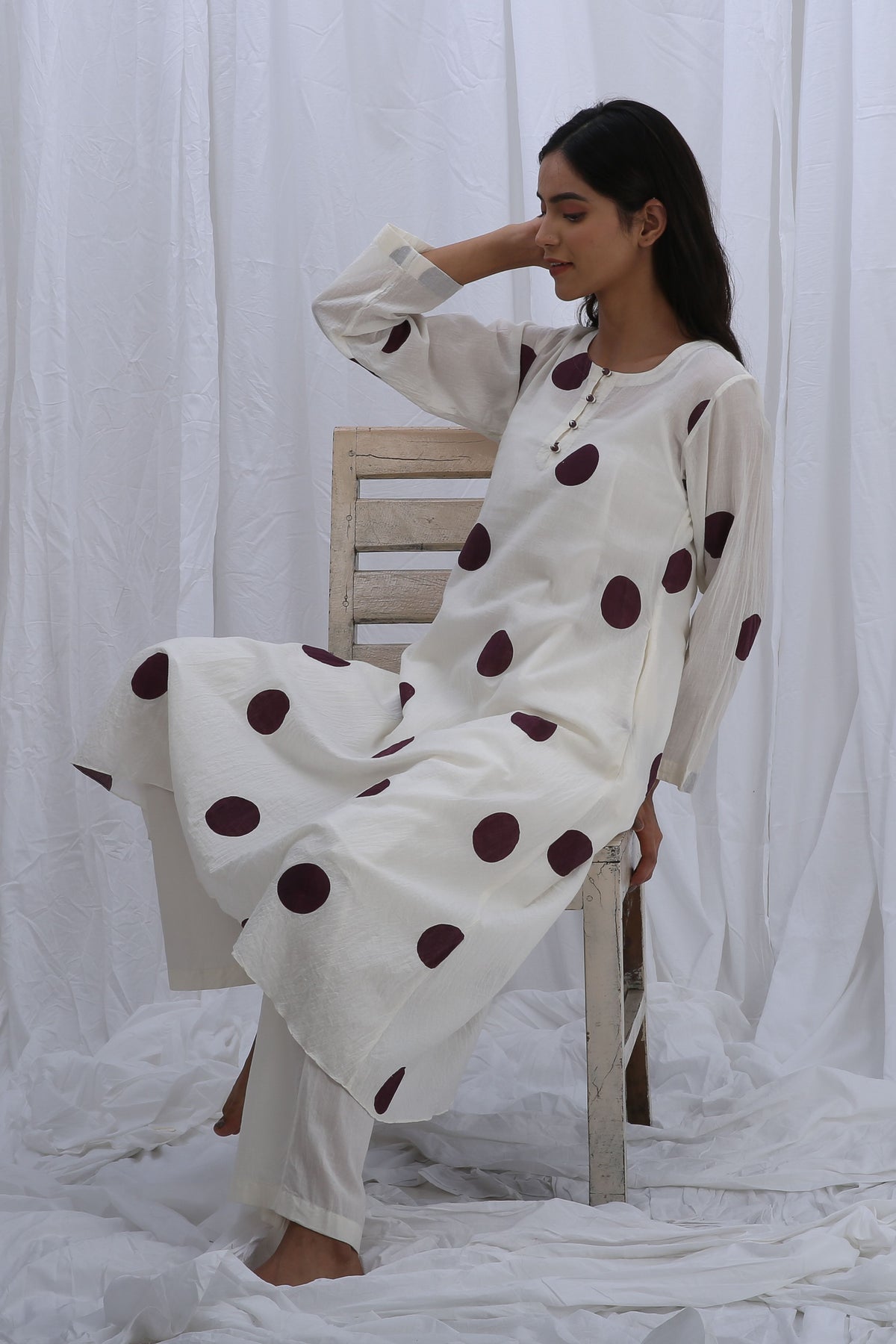 Berry Polka Kurta Set With Dupatta