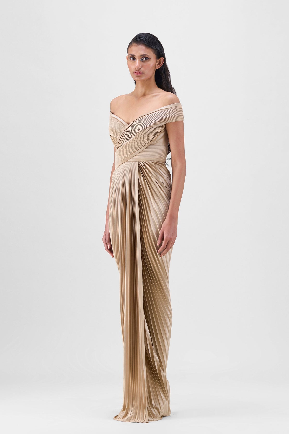 Structured Plisse Gown in Sand