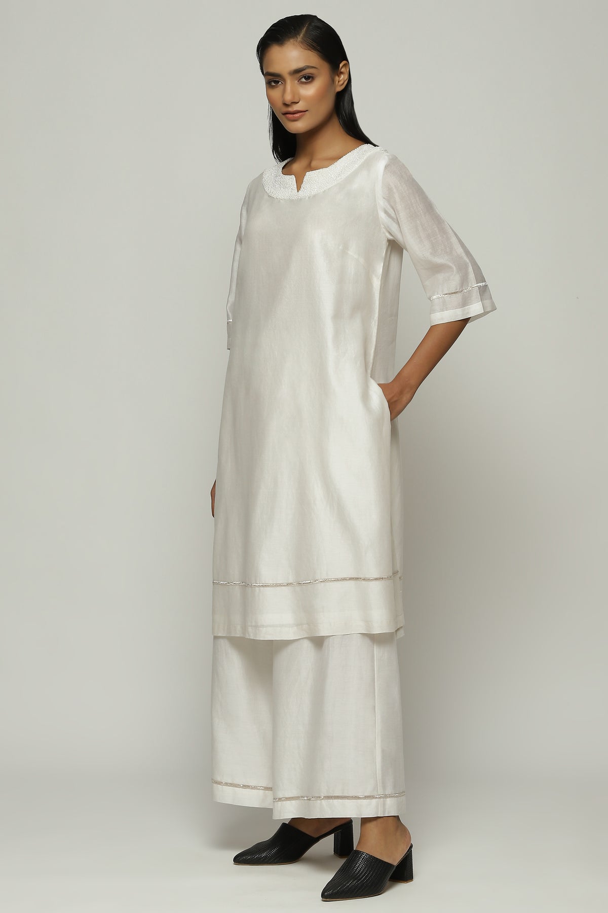 French Knot Neck Ivory Kurta