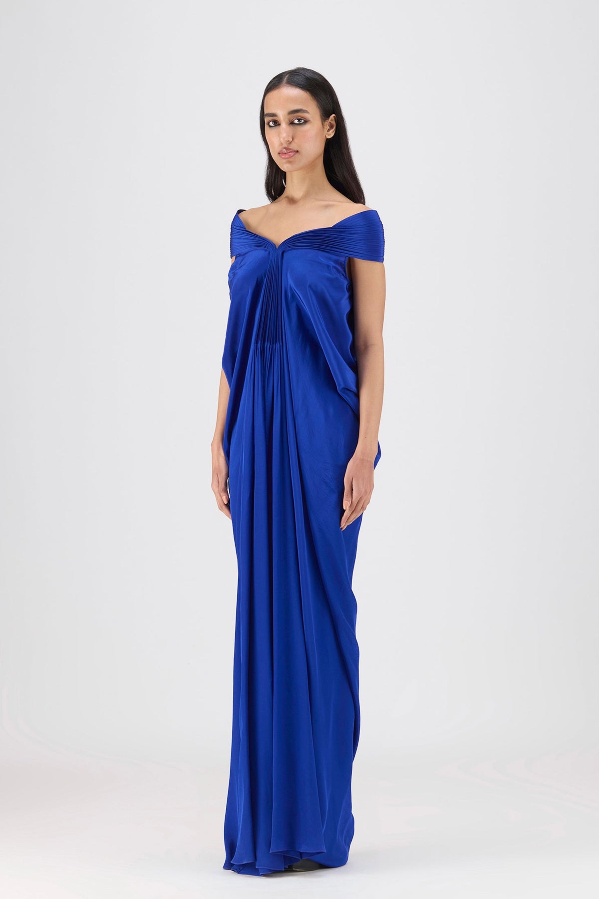 Blue Pleated Cowl Gown