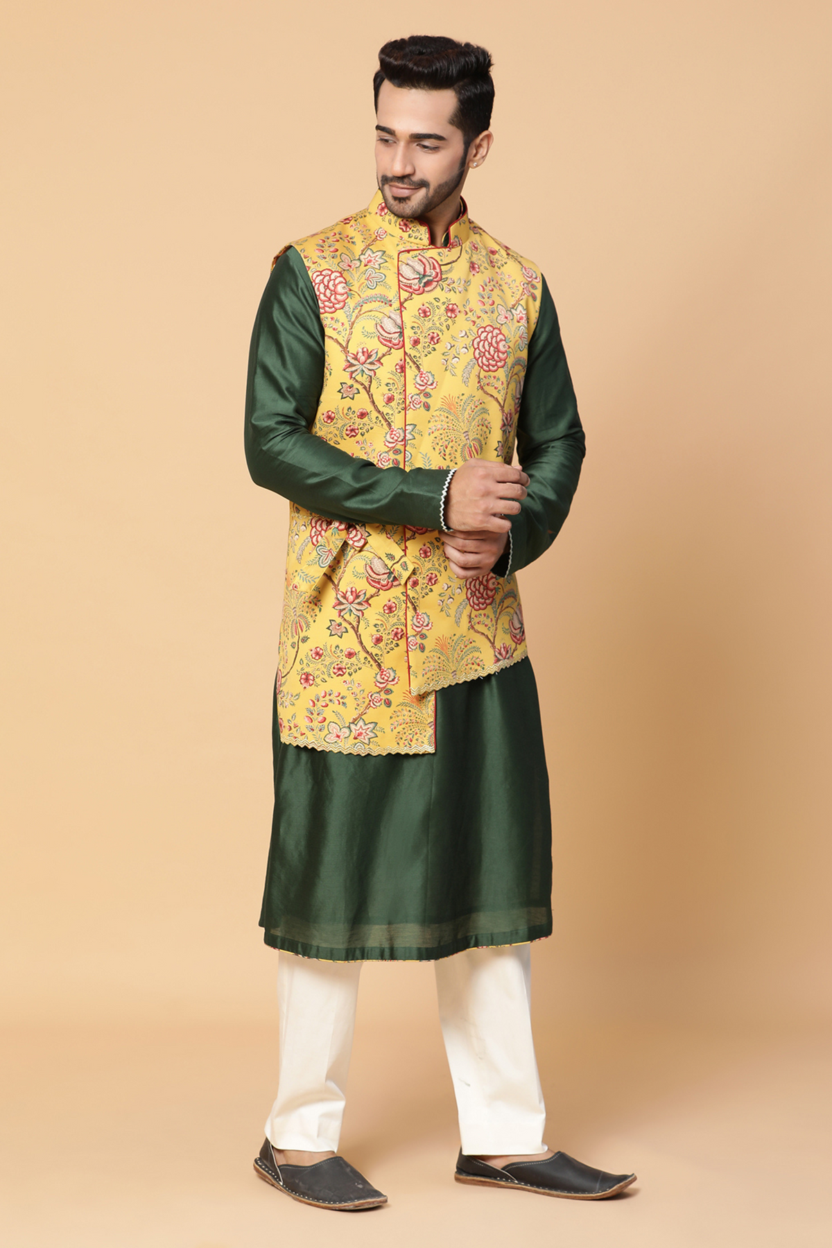 Green floral nehru jacket set