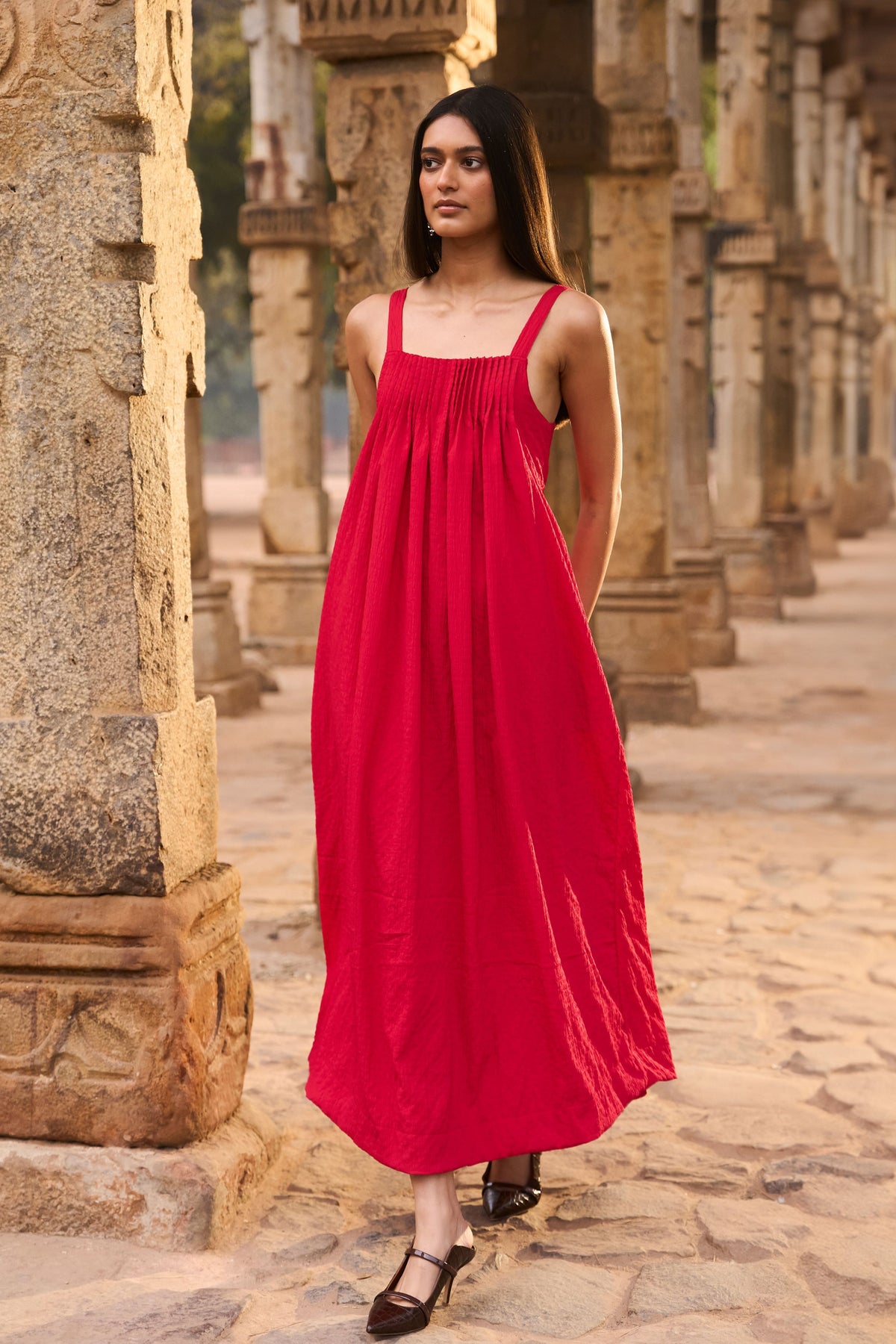 Red Textured Midi Dress