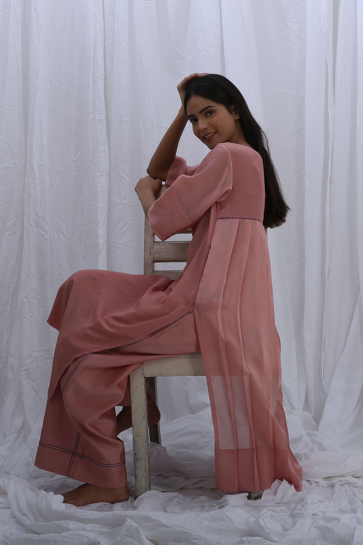 Peachy Pink Embroidery Pleated Kurta Set