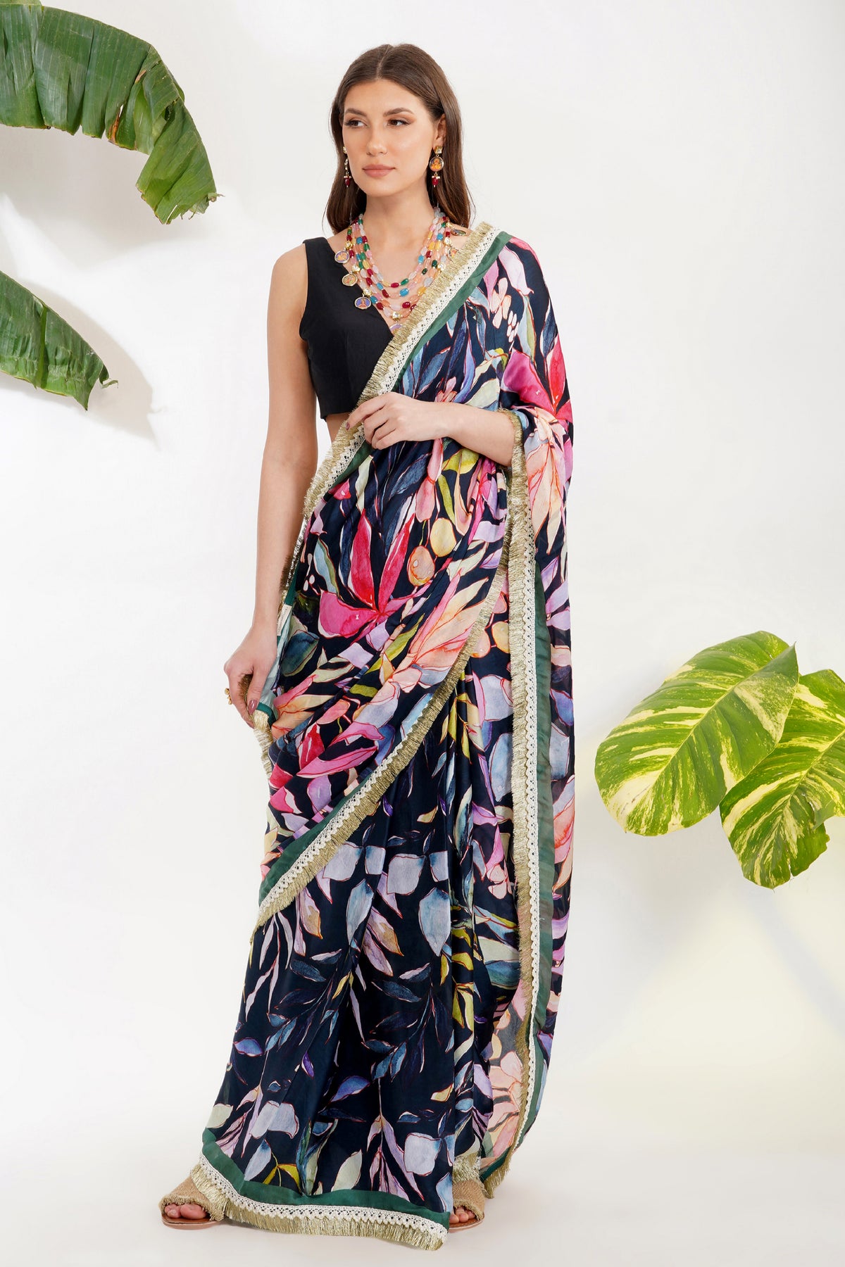 Tropical Flower Printed Saree Set