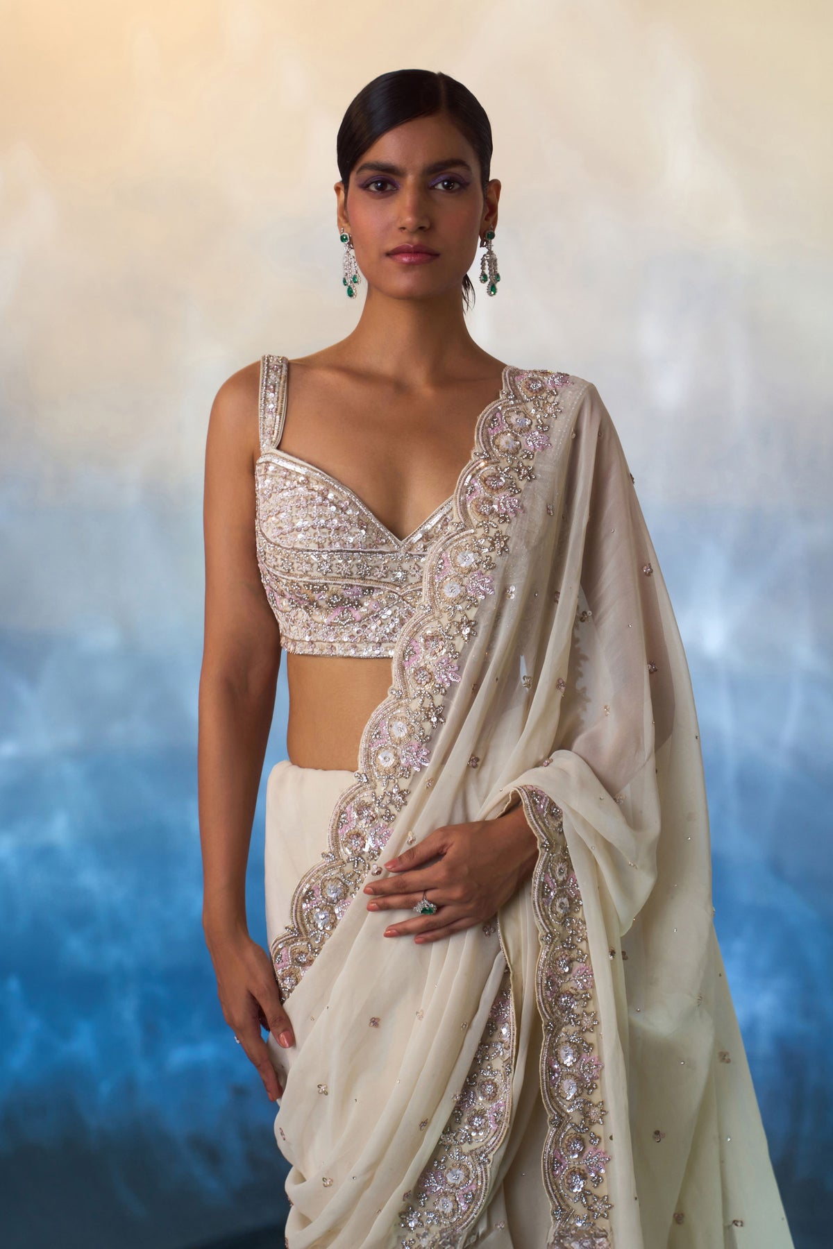 Ivory Georgette Saree Set