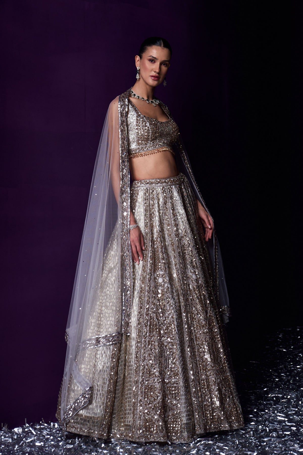 Grey Organza Embroired Lehenga Set