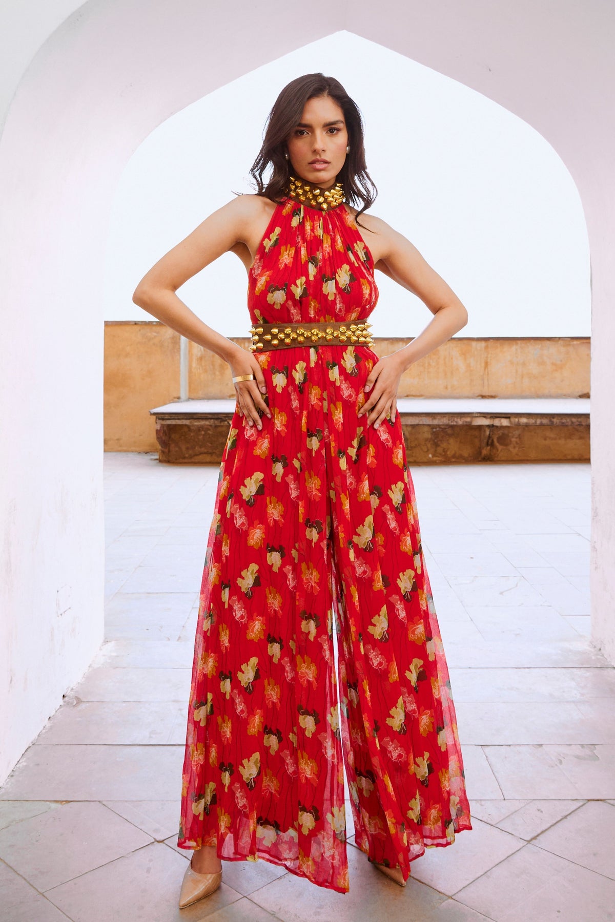 Chilly Red Bell Jumpsuit With Belt