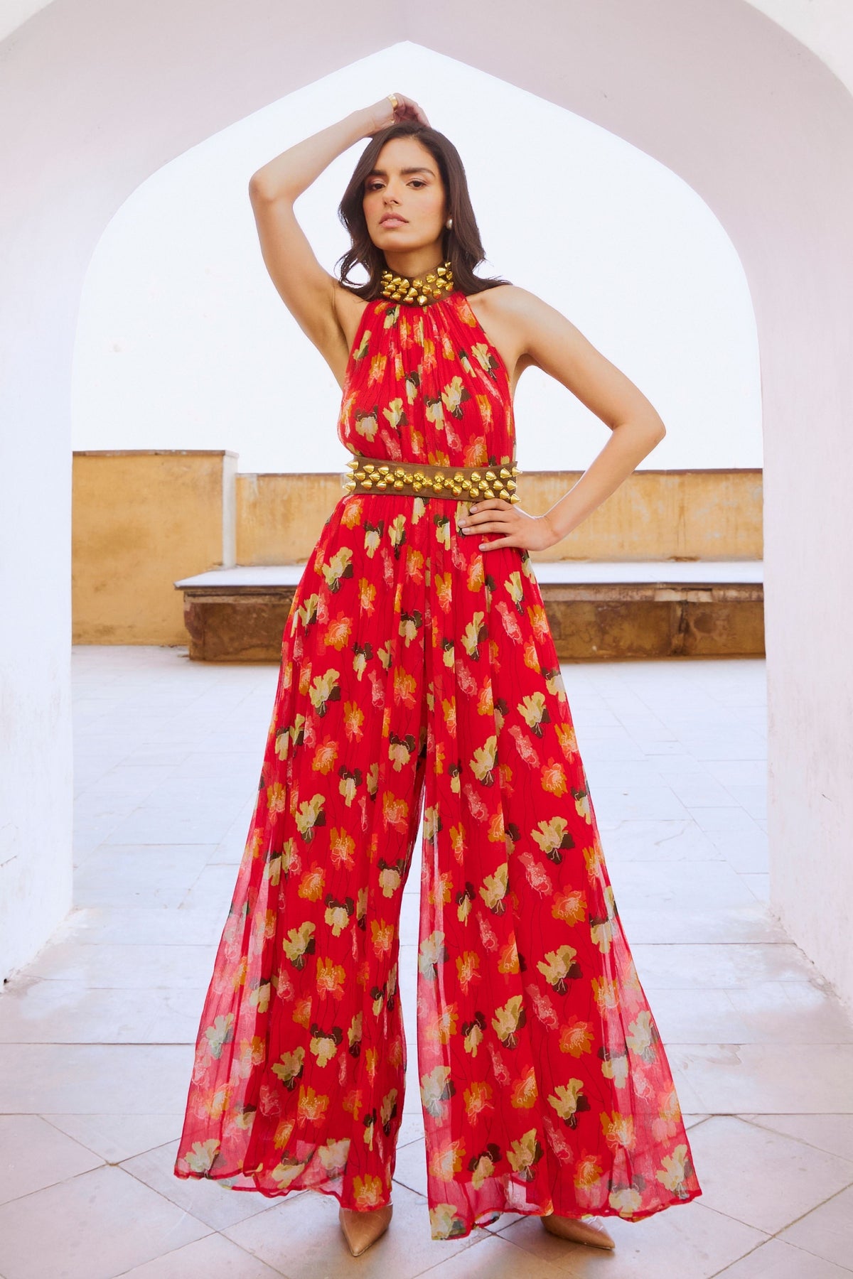 Chilly Red Bell Jumpsuit With Belt