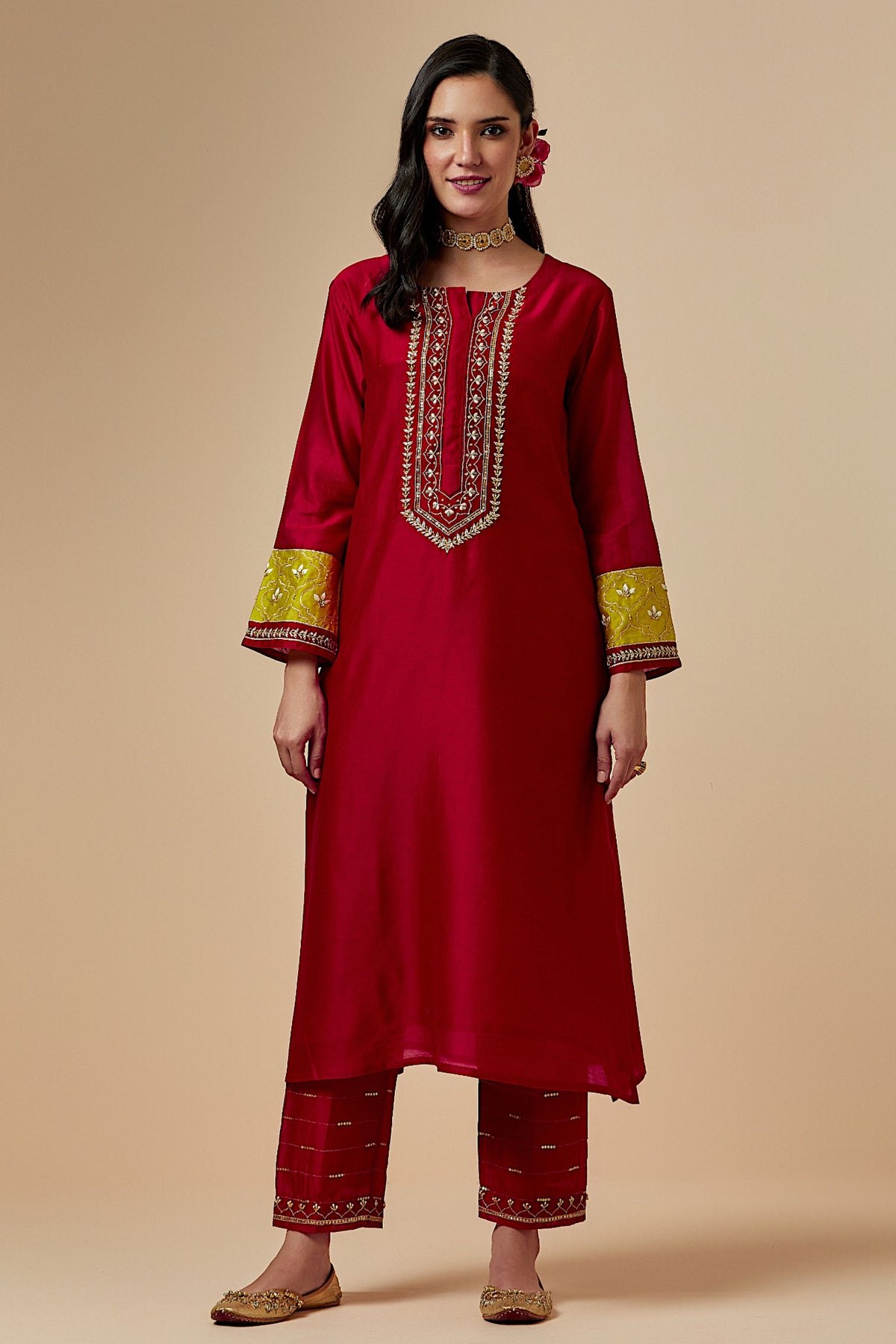 Red Silk A-line Kurta