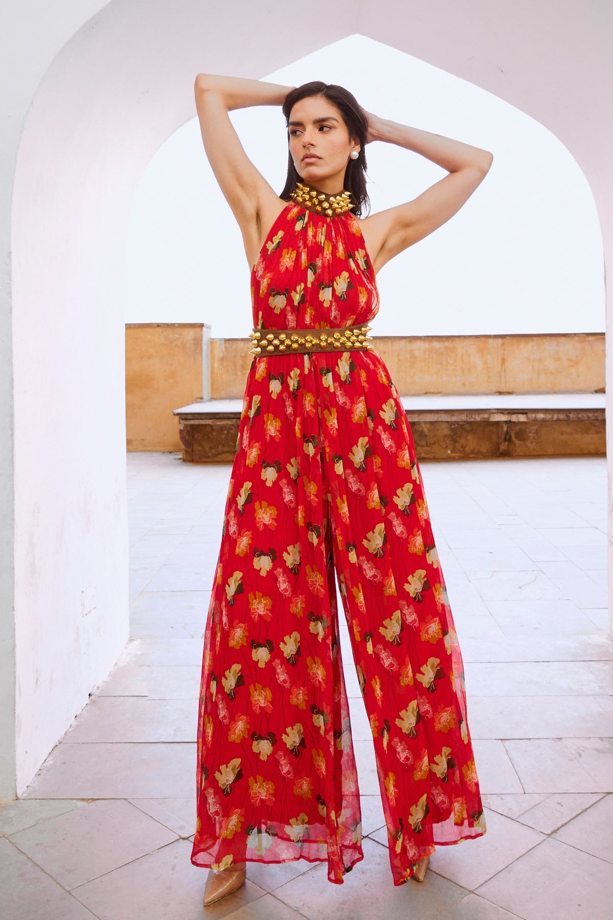 Chilly Red Bell Jumpsuit With Belt