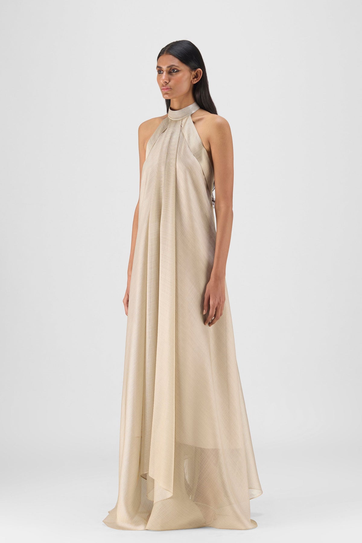 Metallic Sand Fluid Halter Gown