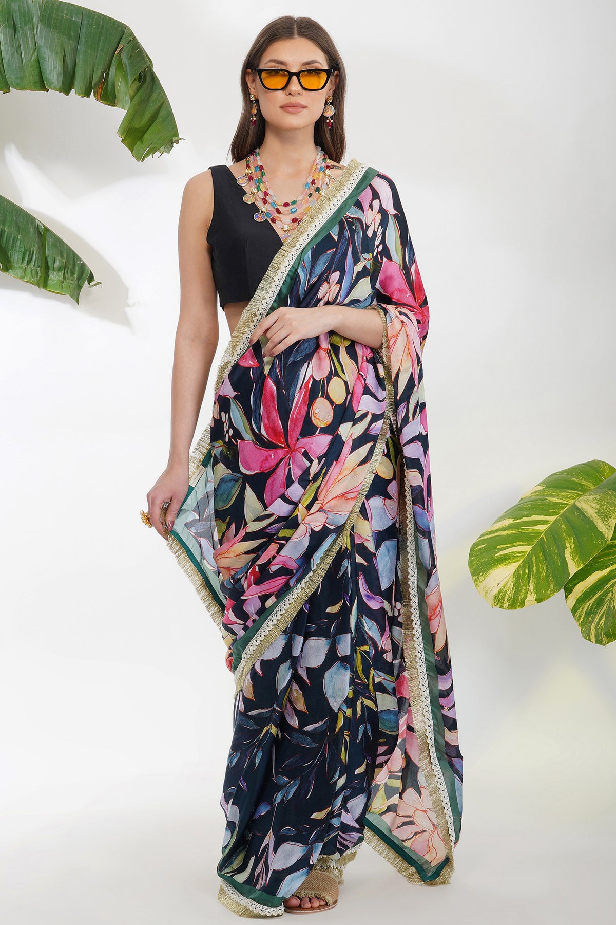 Tropical Flower Printed Saree Set