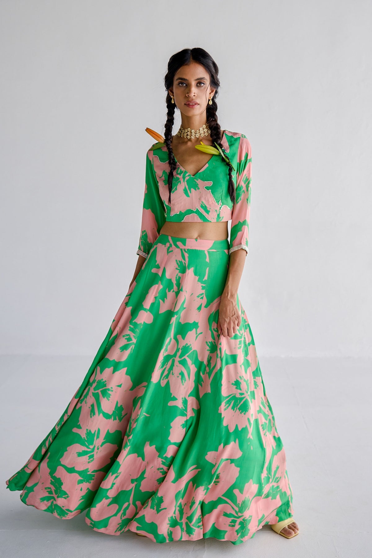 Green Print Lehenga With Blouse