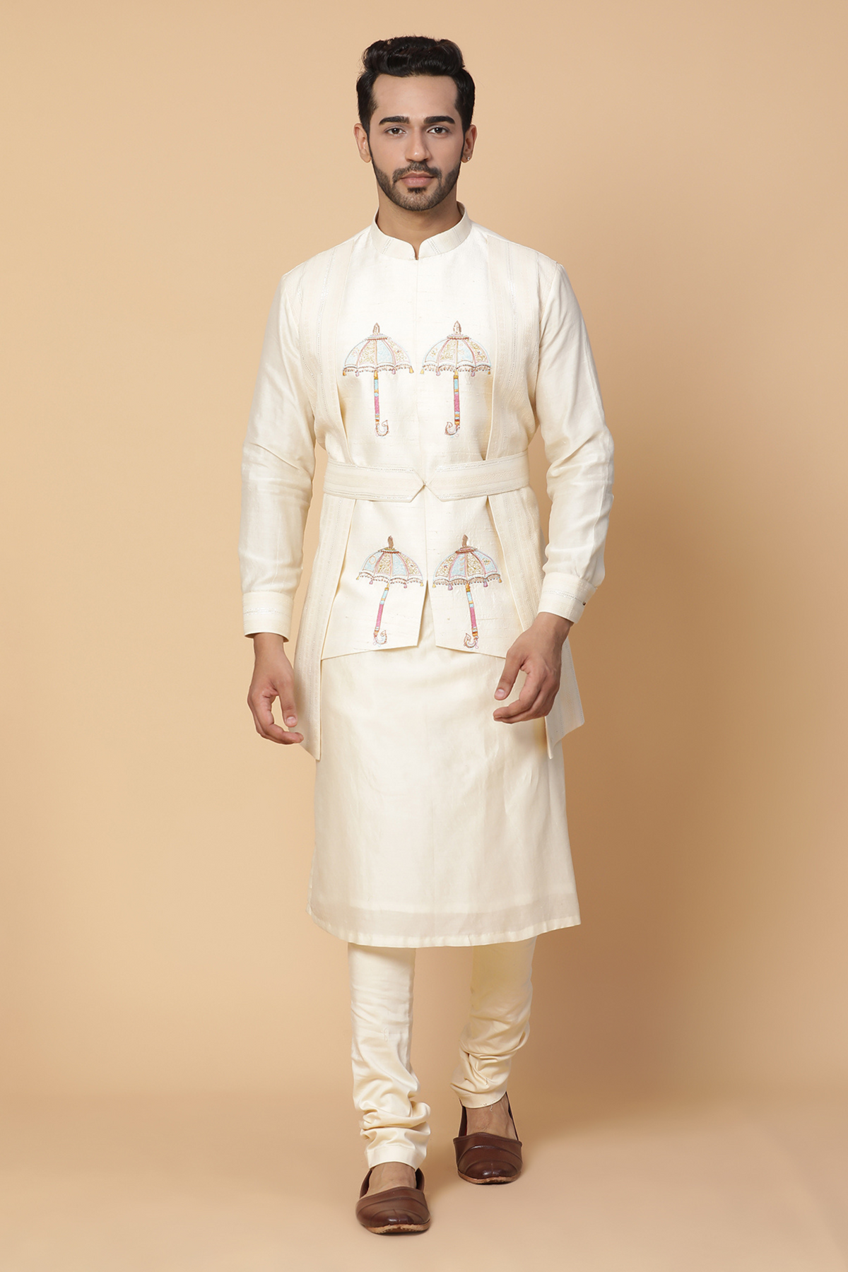 Off white umbrella kurta with churidar