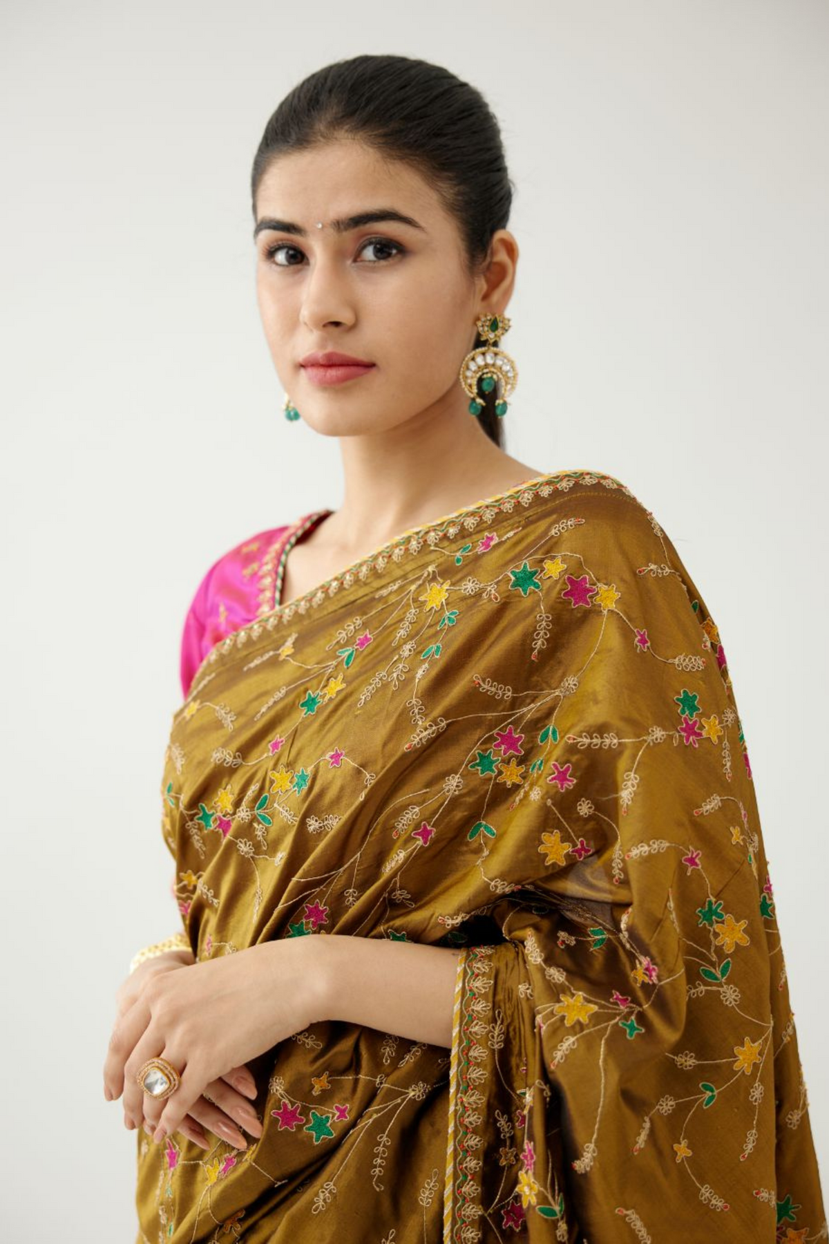 Golden olive silk saree set