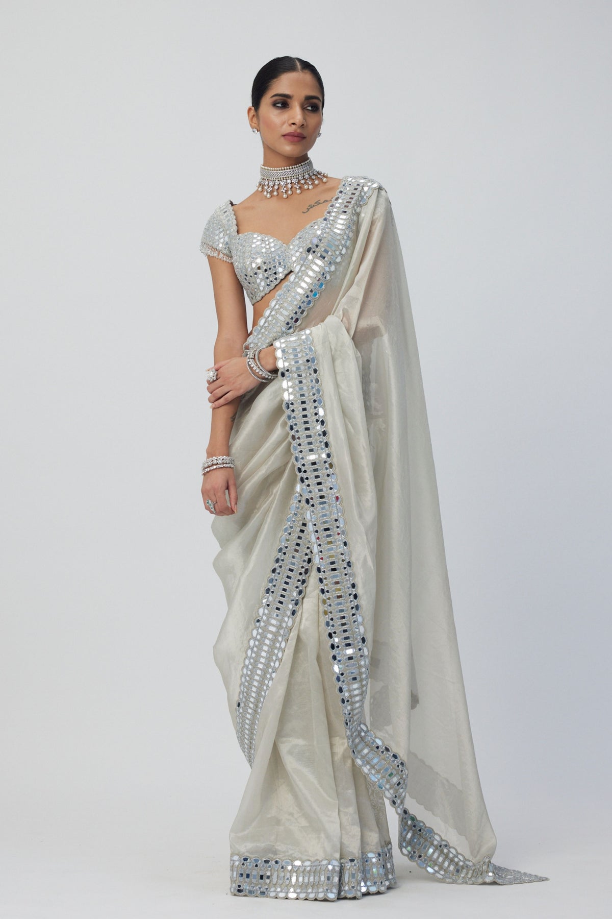 Silver Shimmer Organza Saree Set