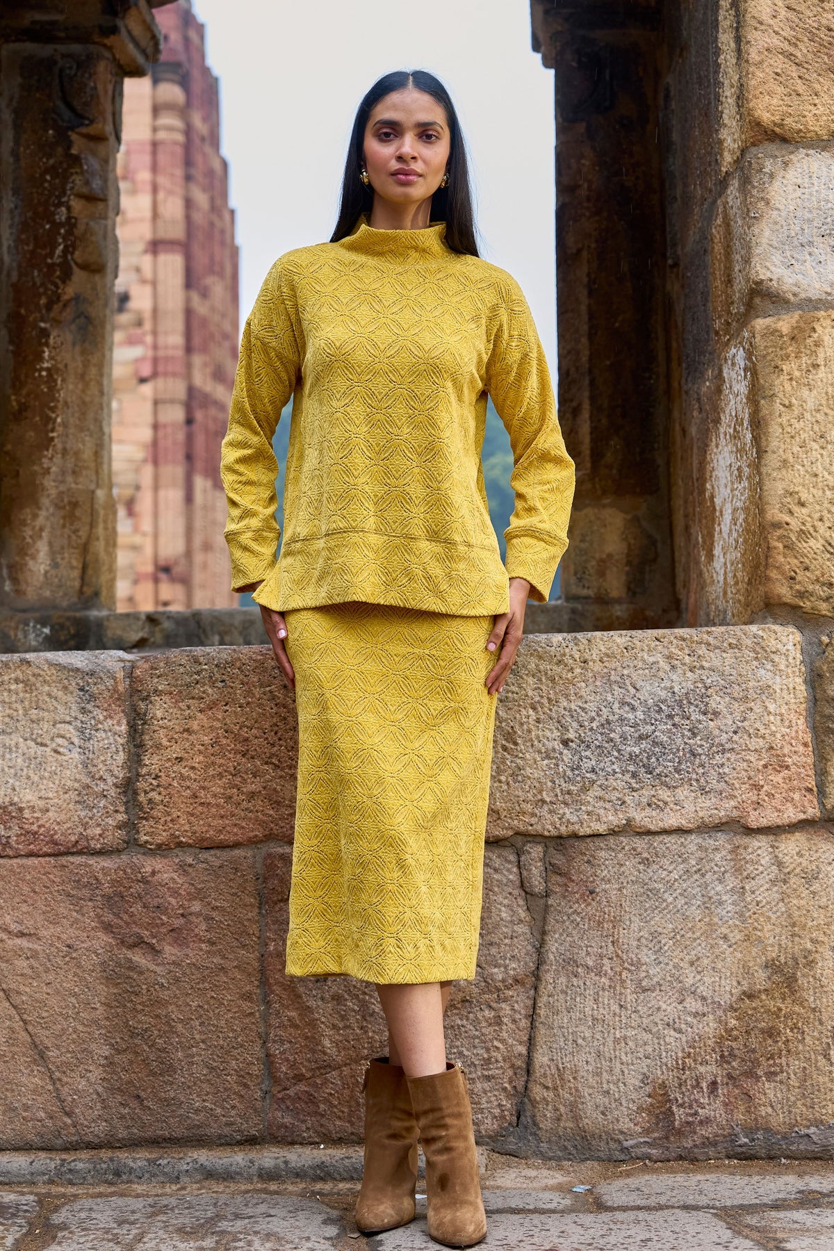 Yellow Knitted Lace Midi Skirt