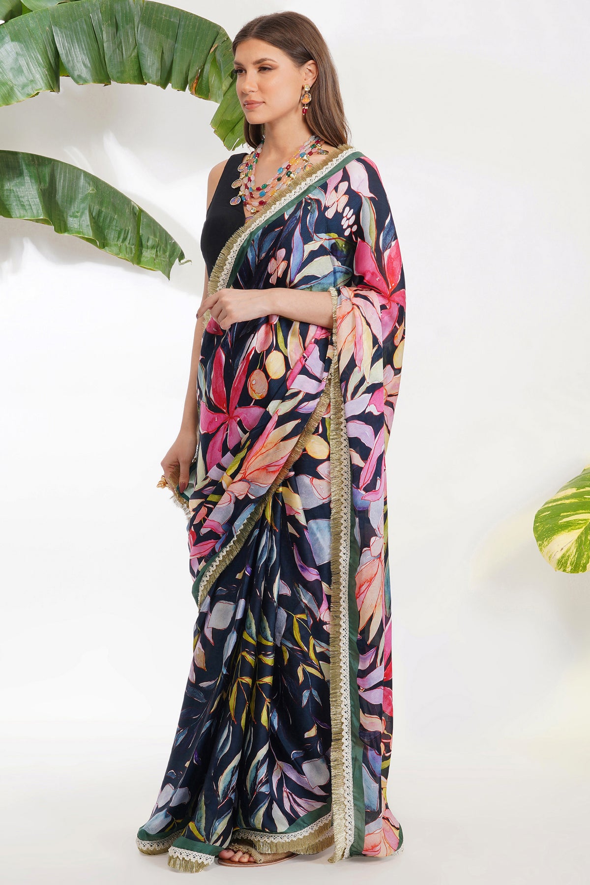 Tropical Flower Printed Saree Set