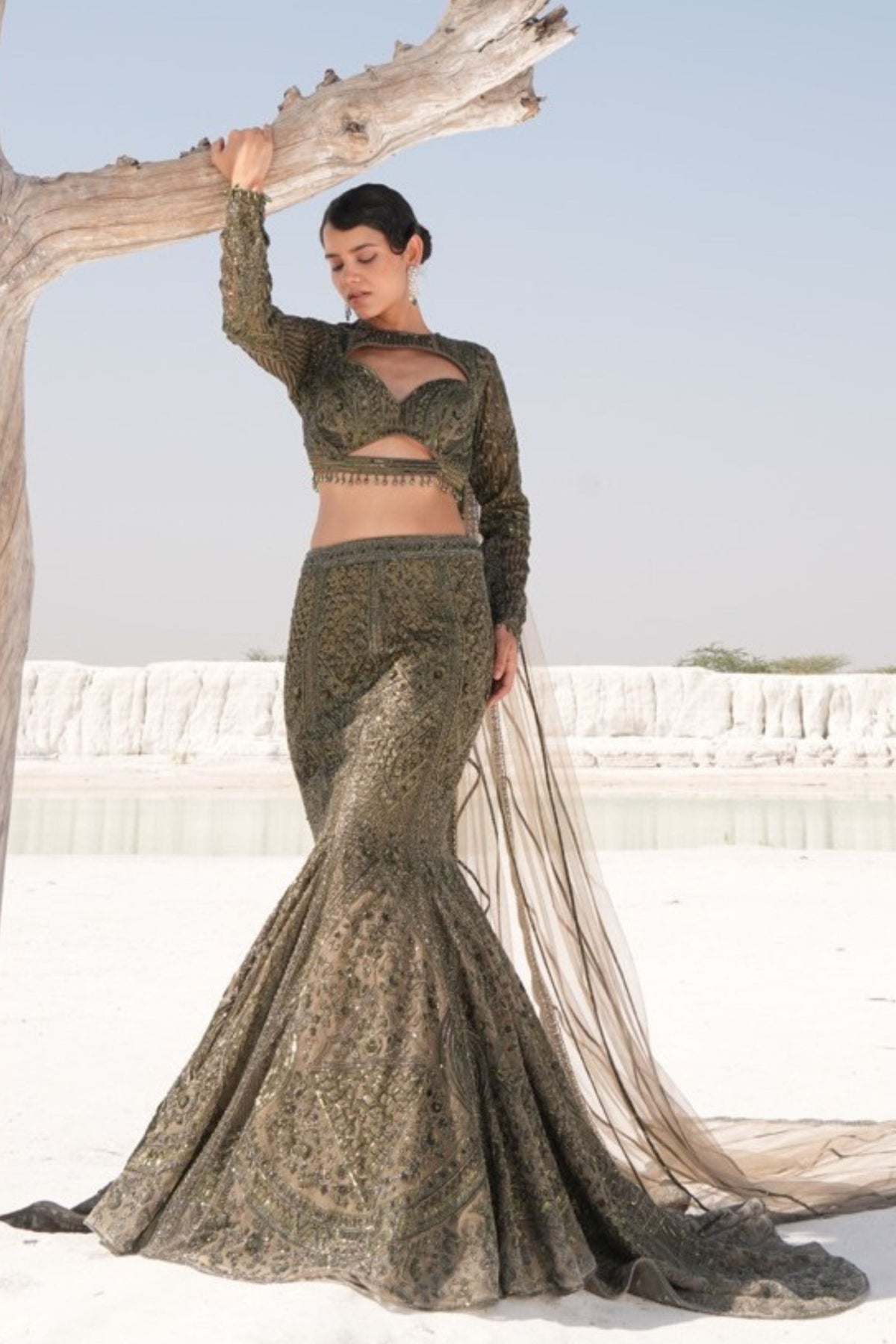 Green Fish Cut Lehenga Set