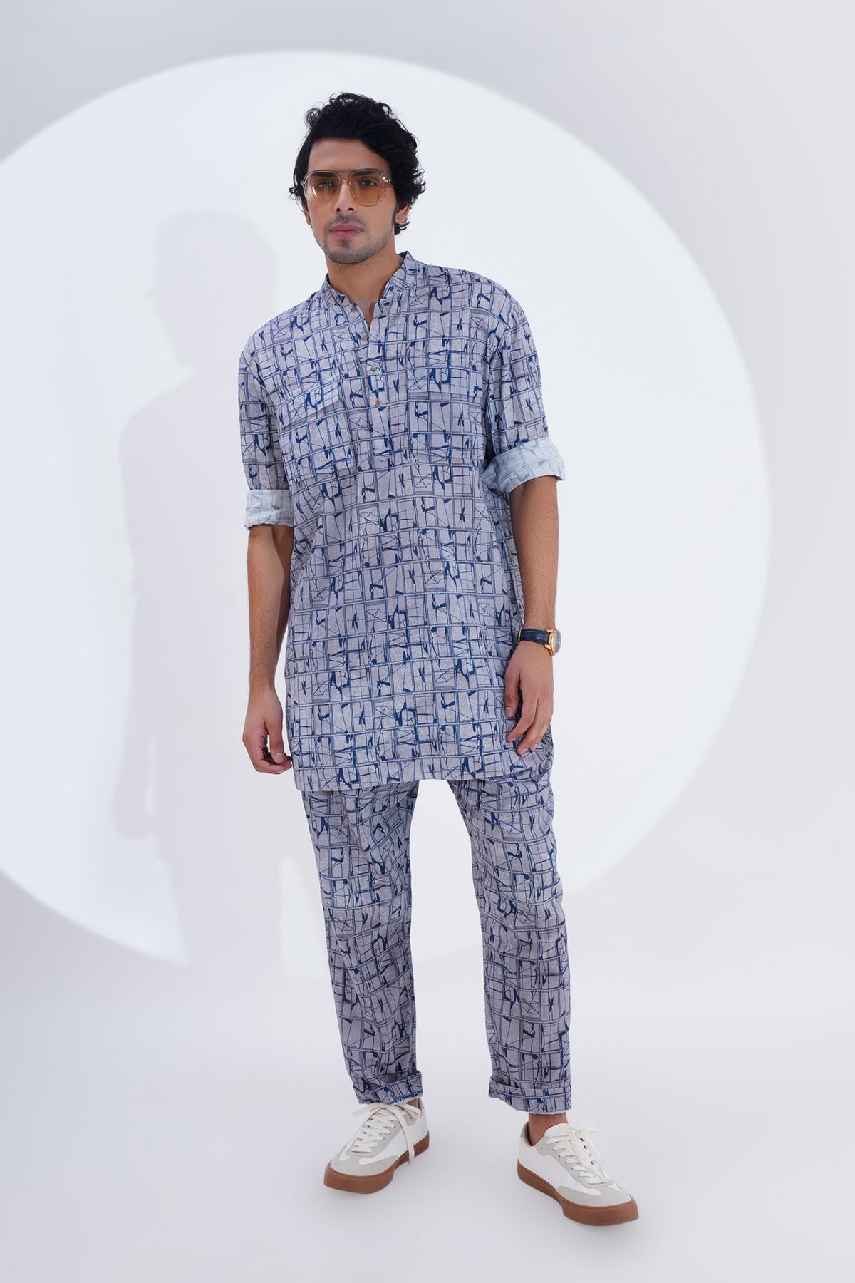 Grey Linen Printed Kurta Set