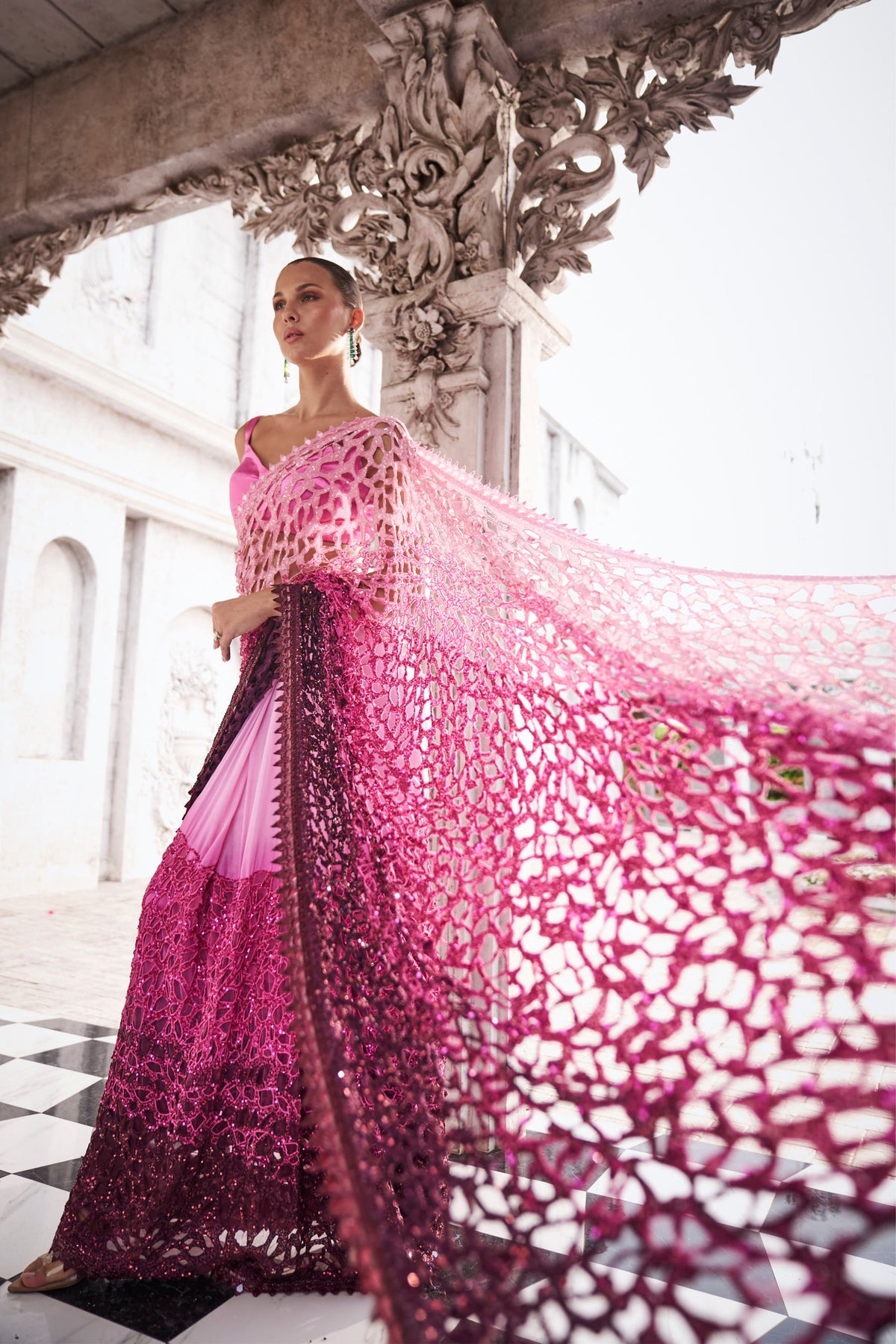 Pink to Wine Saree Set