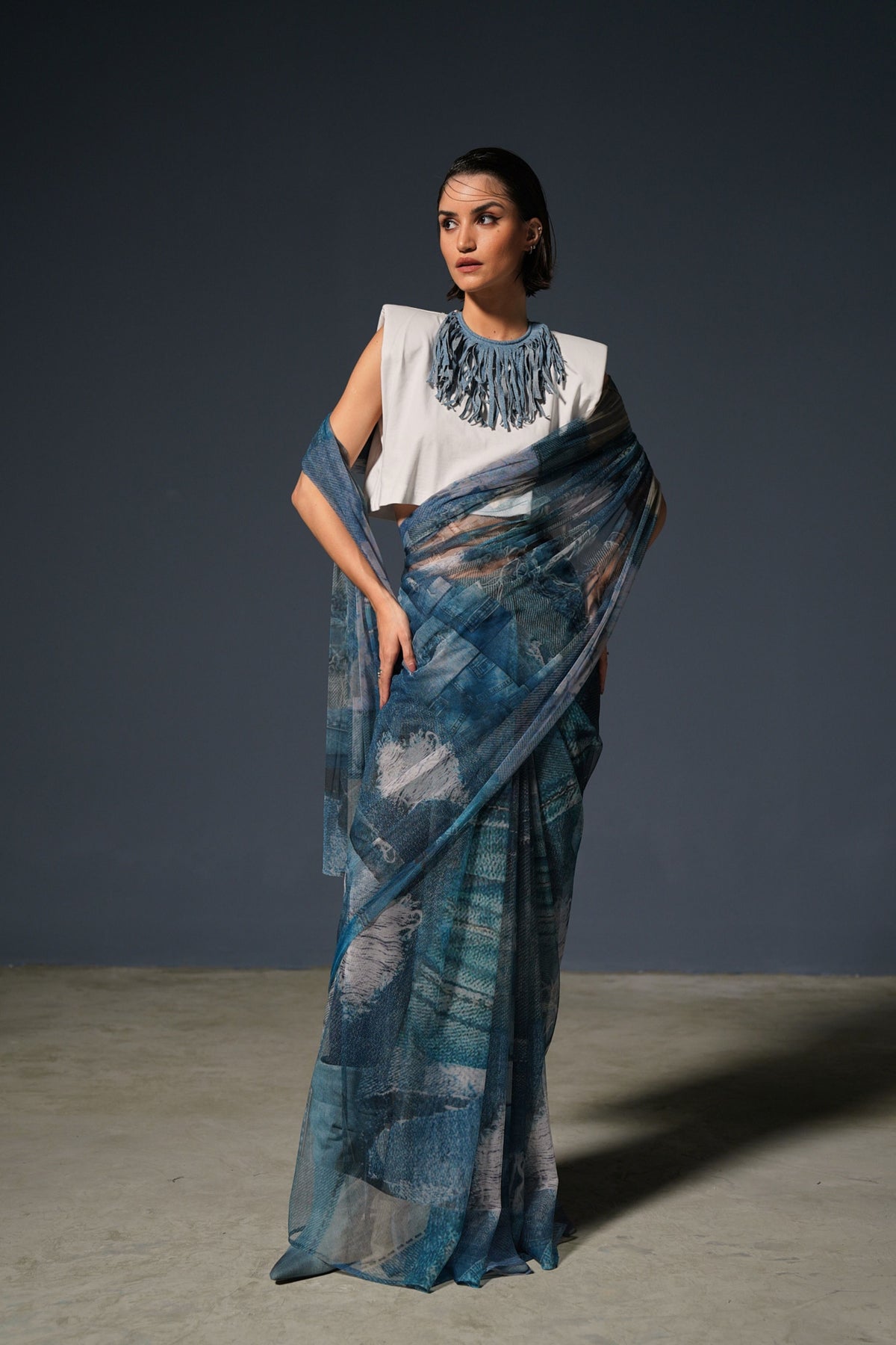 Blue Denim Print Saree