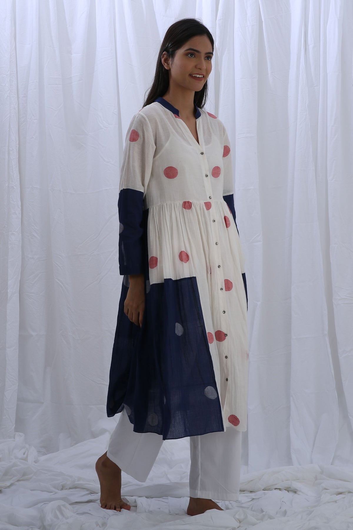 Bright White Navy Blue Kurta Set