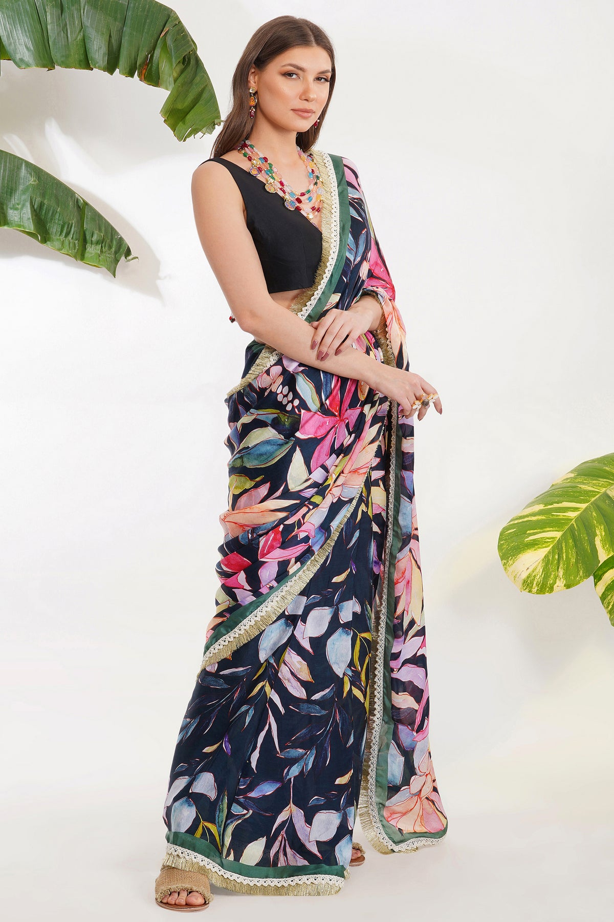 Tropical Flower Printed Saree Set