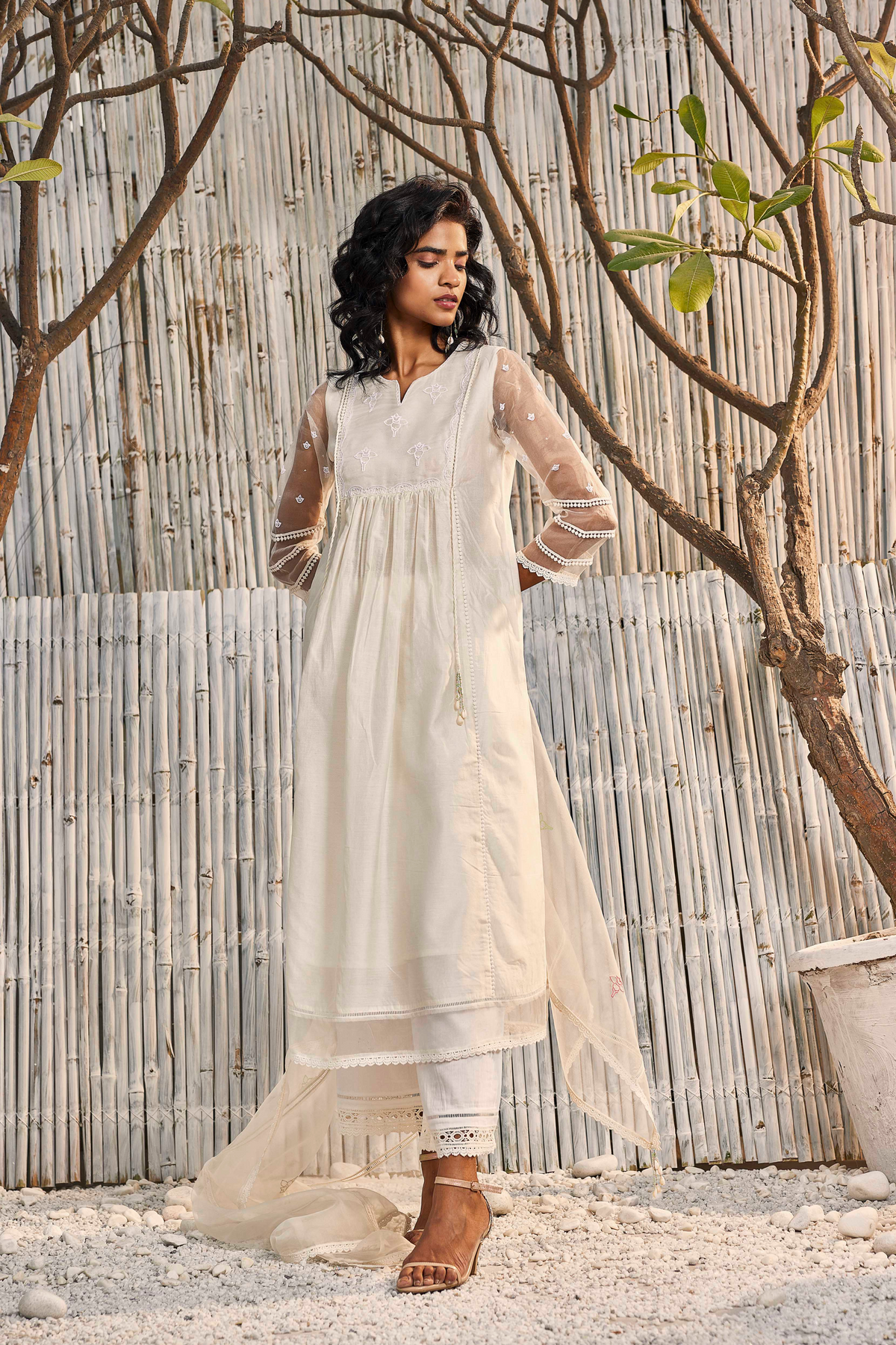 Shell White Chanderi Gathered Kurta Set