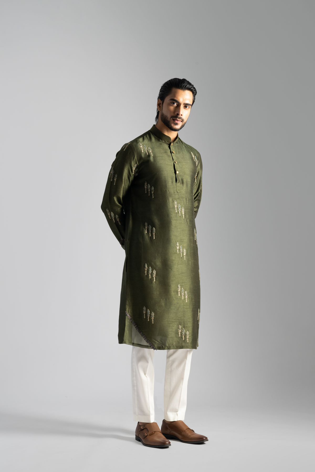 Olive Green Linen Kurta Set