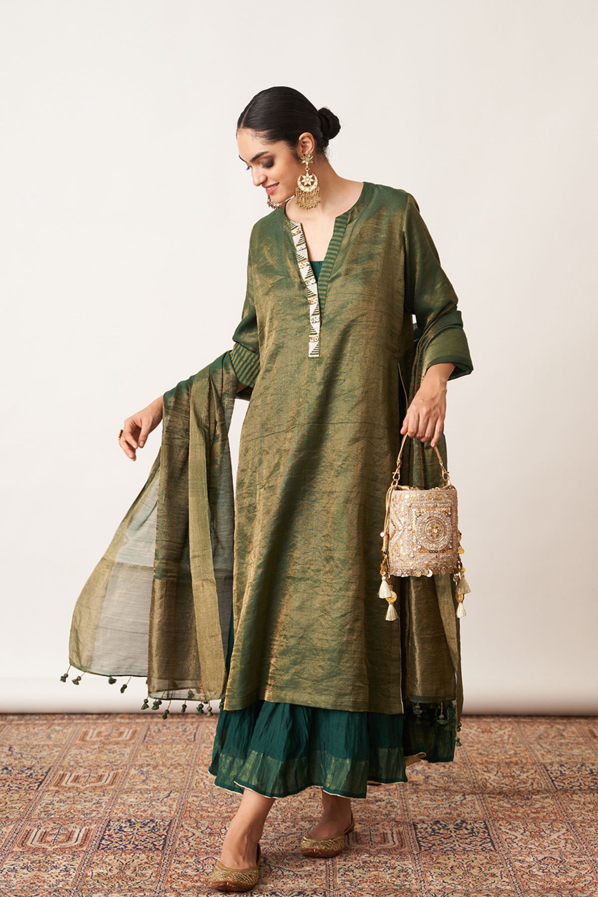 Bottle Green Kurta With Skirt