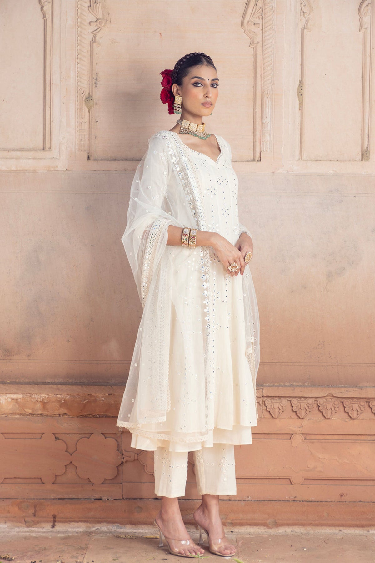 Off White Big Flower Anarkali Set