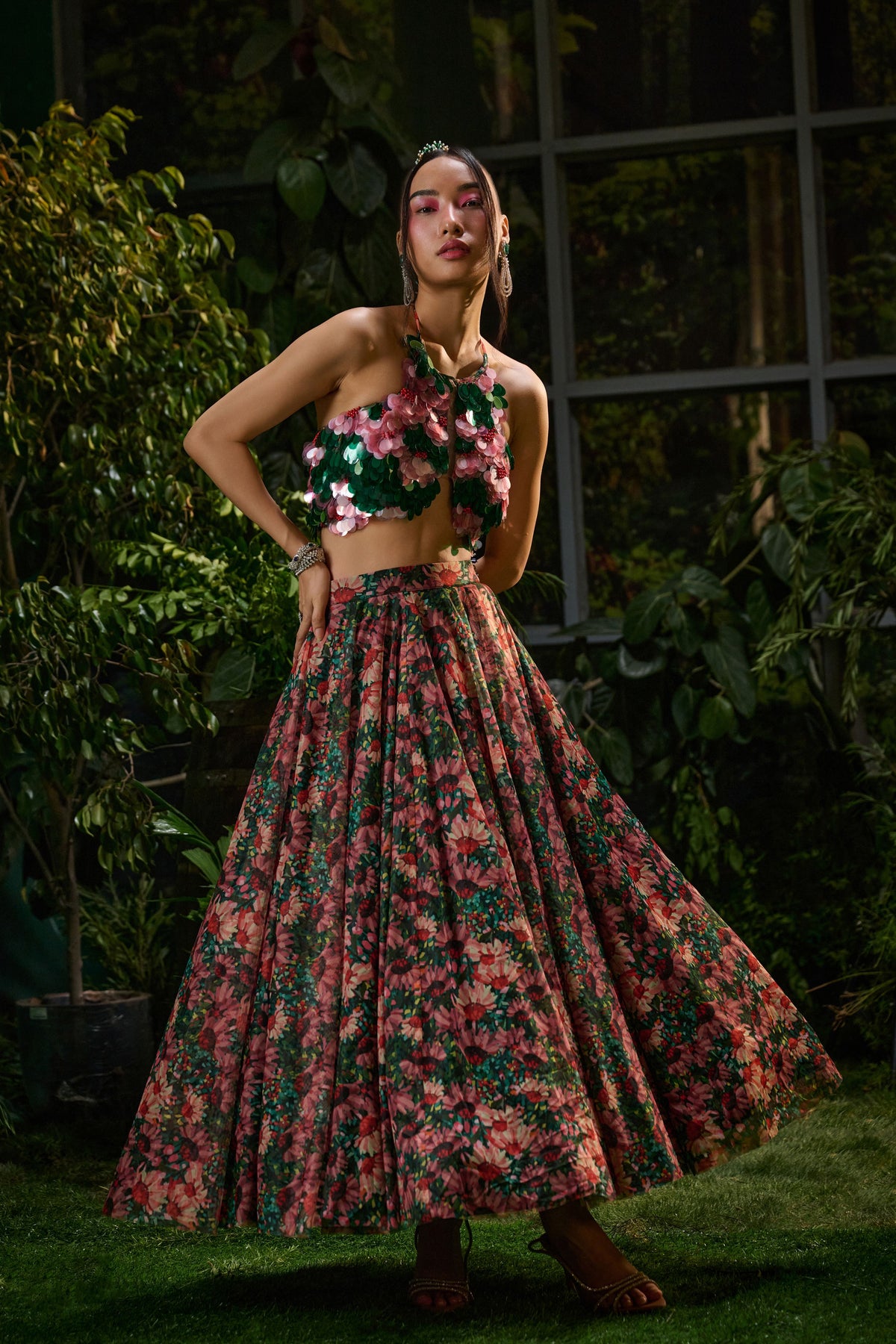 Red &amp; Green Wild Flower Lehenga