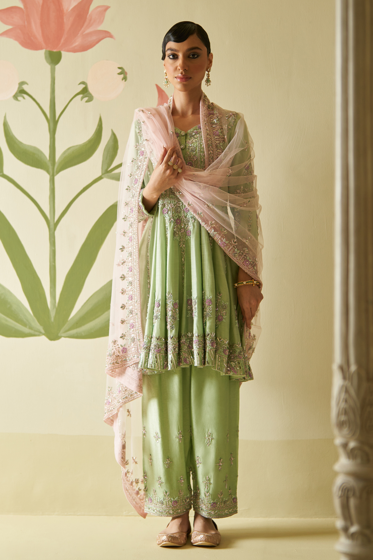 Mint Green Chanderi Silk  Anarkali Set