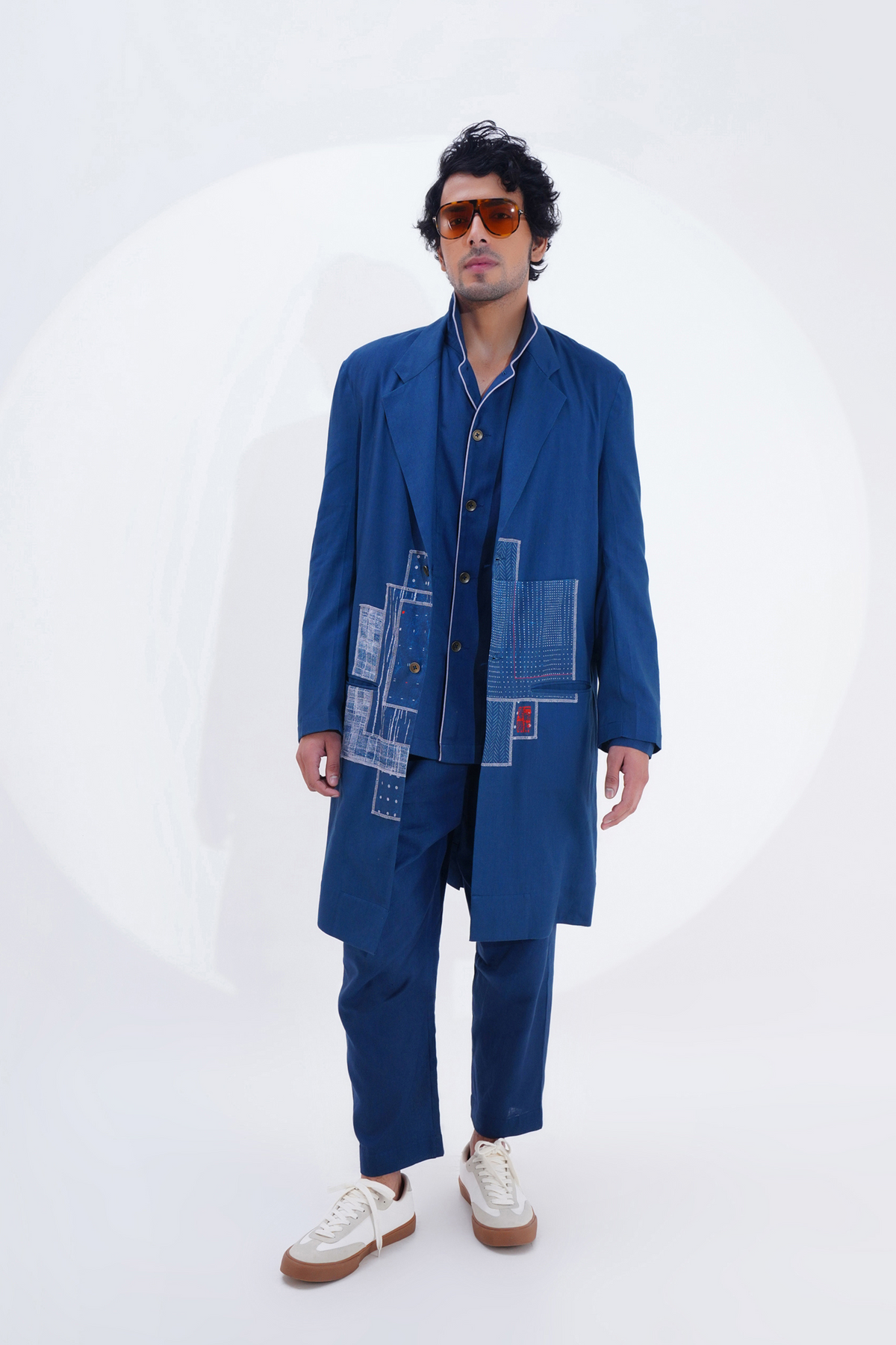 Indigo Plain Lapel Long Jacket