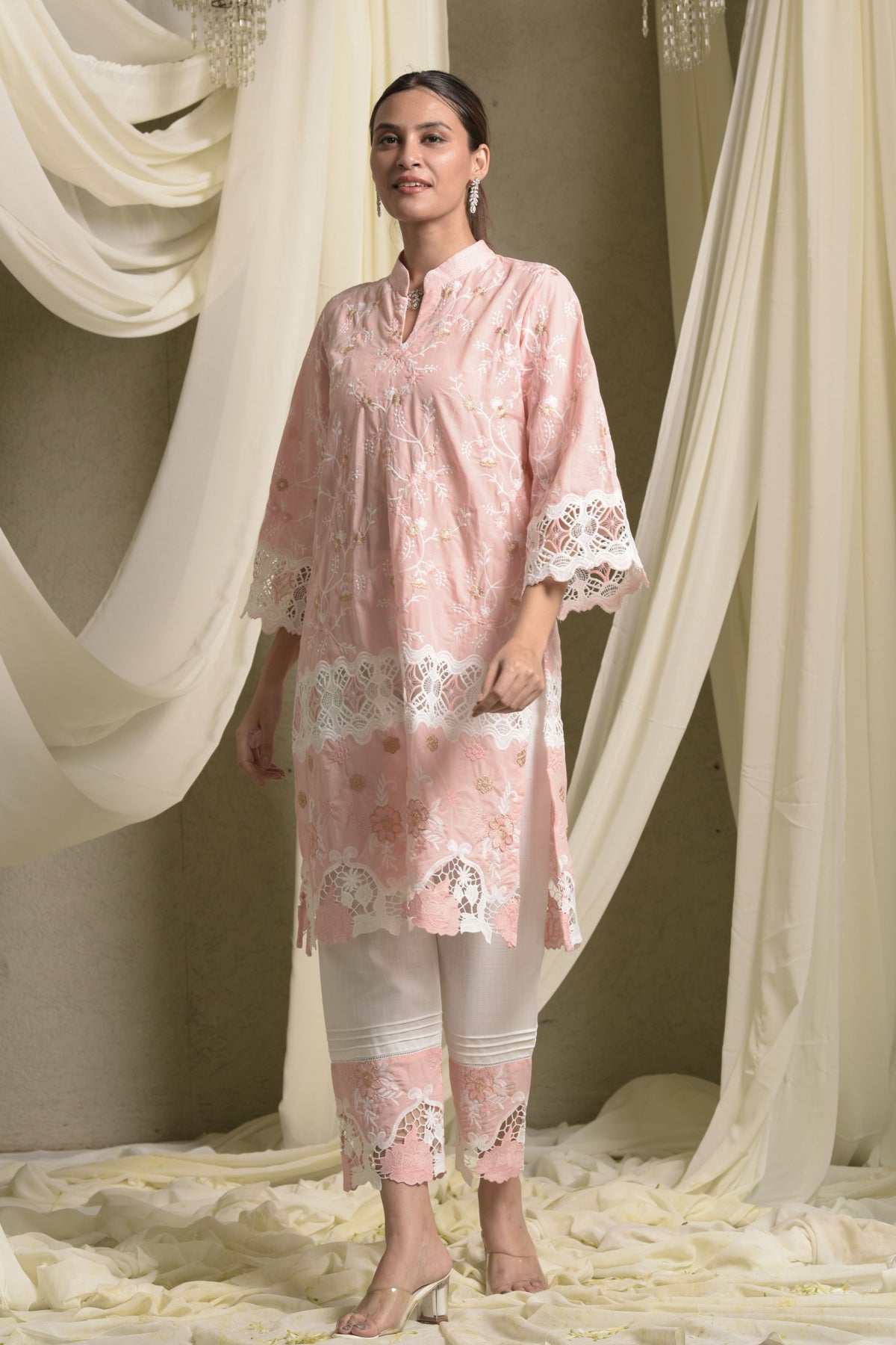 Myra Mesh Floral Lace Peach Kurta Set