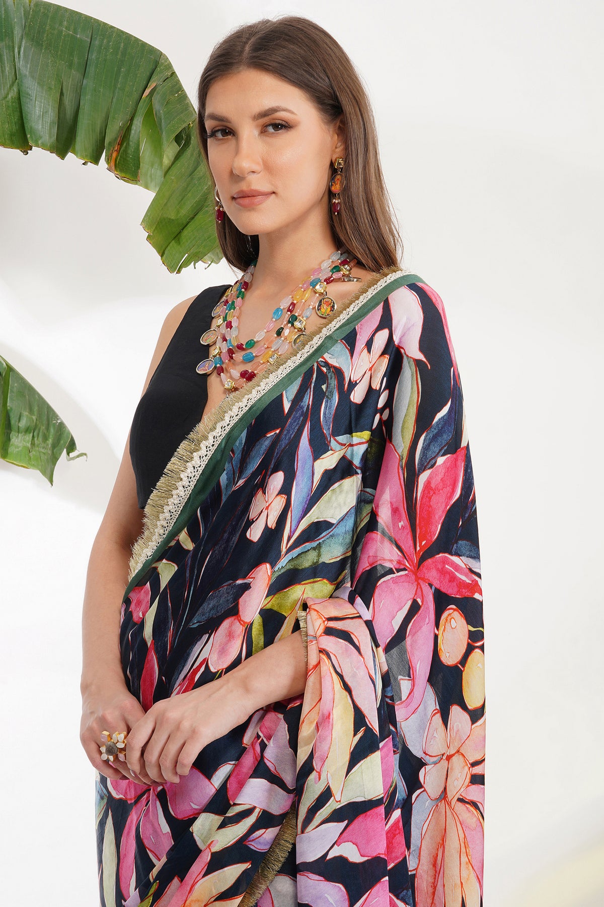 Tropical Flower Printed Saree Set