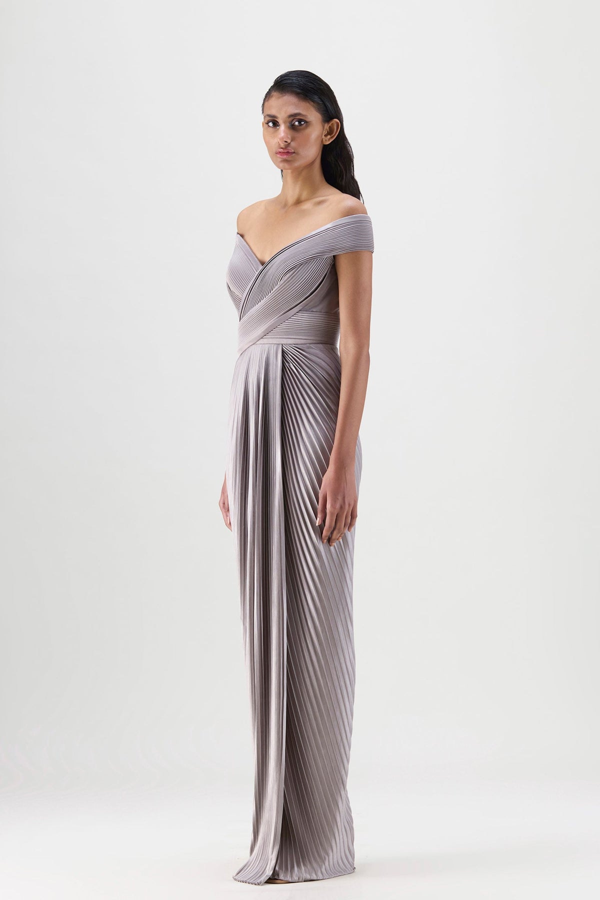 Structured Steel Plisse Gown