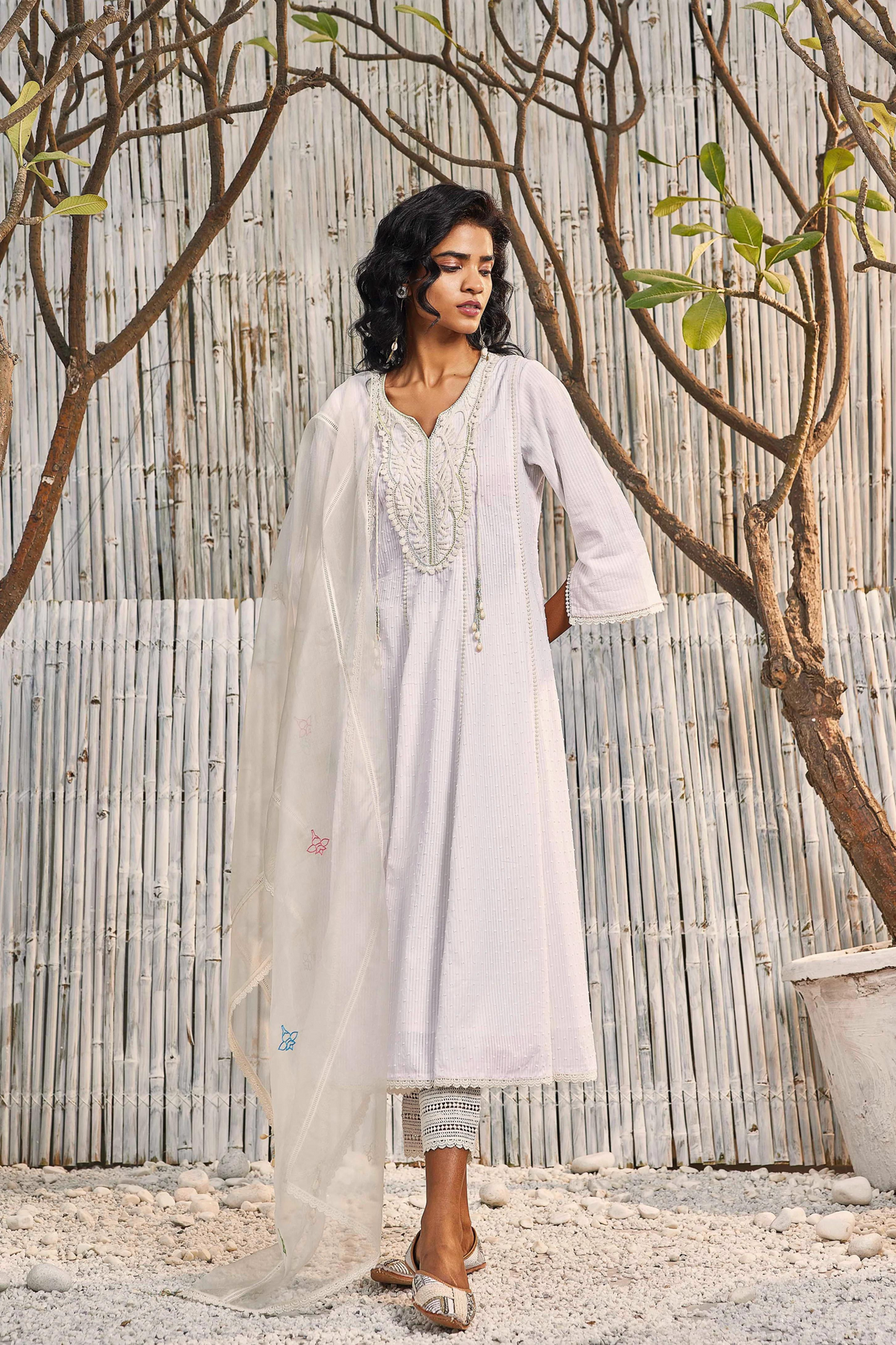 Off-White Flairy Cotton Anarkali Set