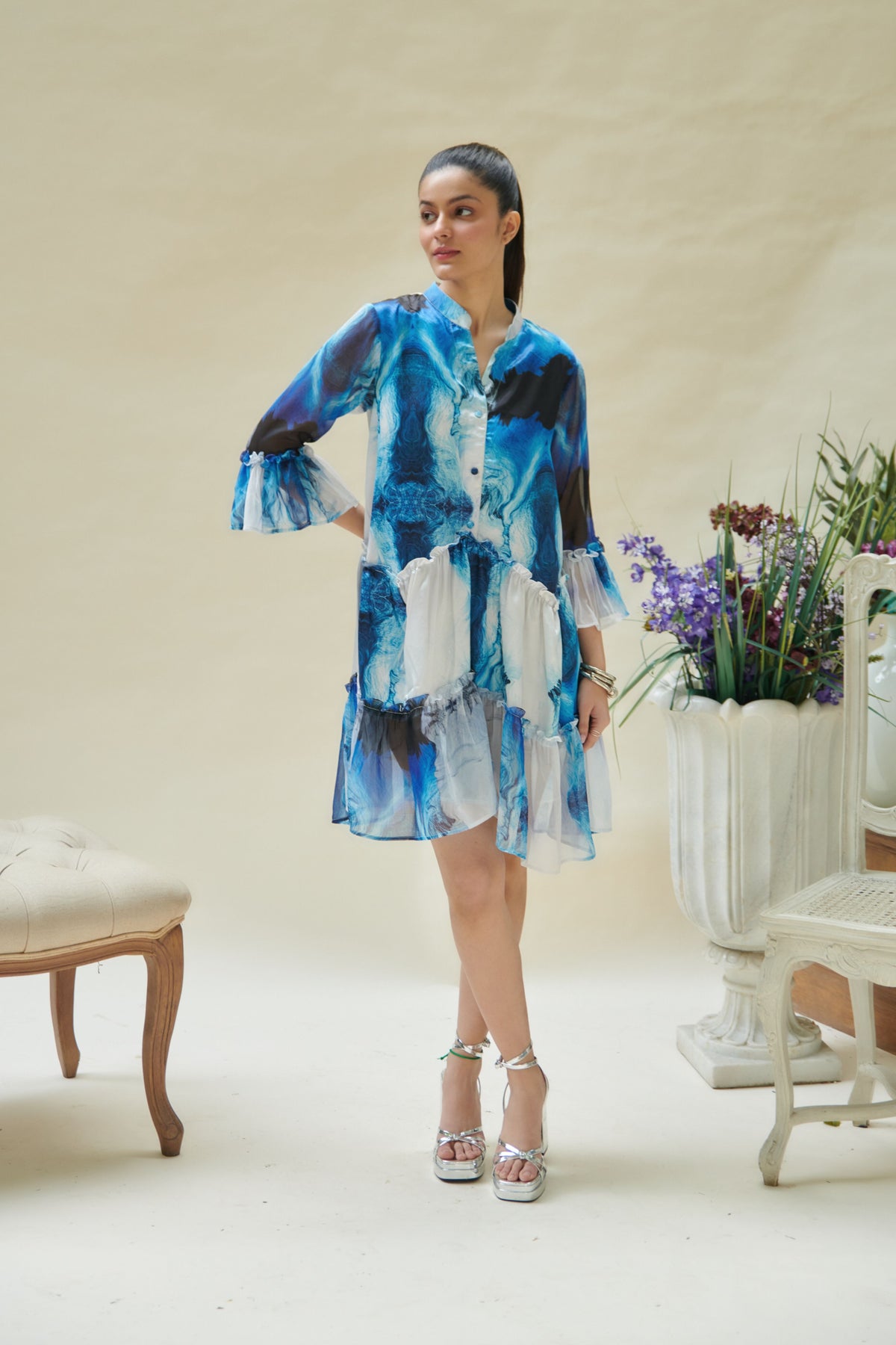 Blue Wave Printed 2 Tier Dress