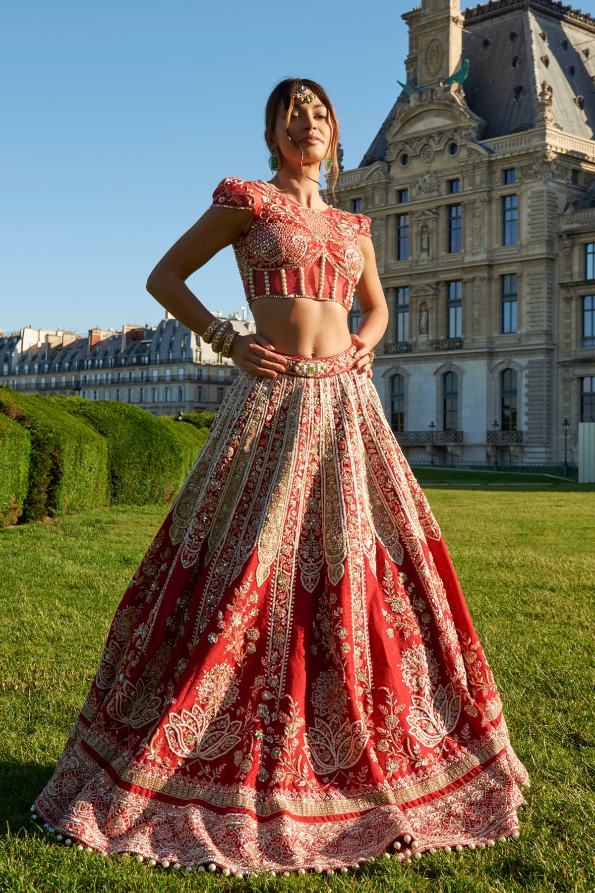 Red And Green Lehenga Set