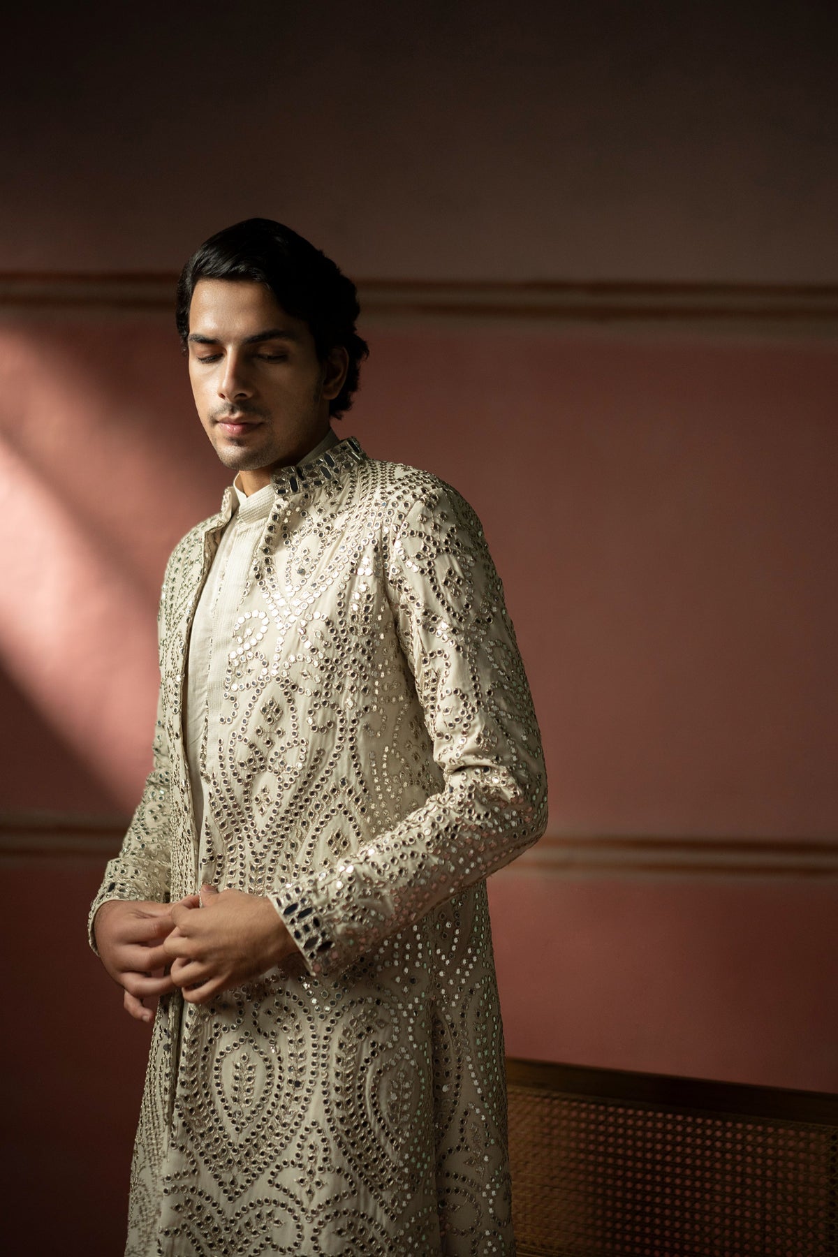 Silver Zari Mirrorwork Sherwani