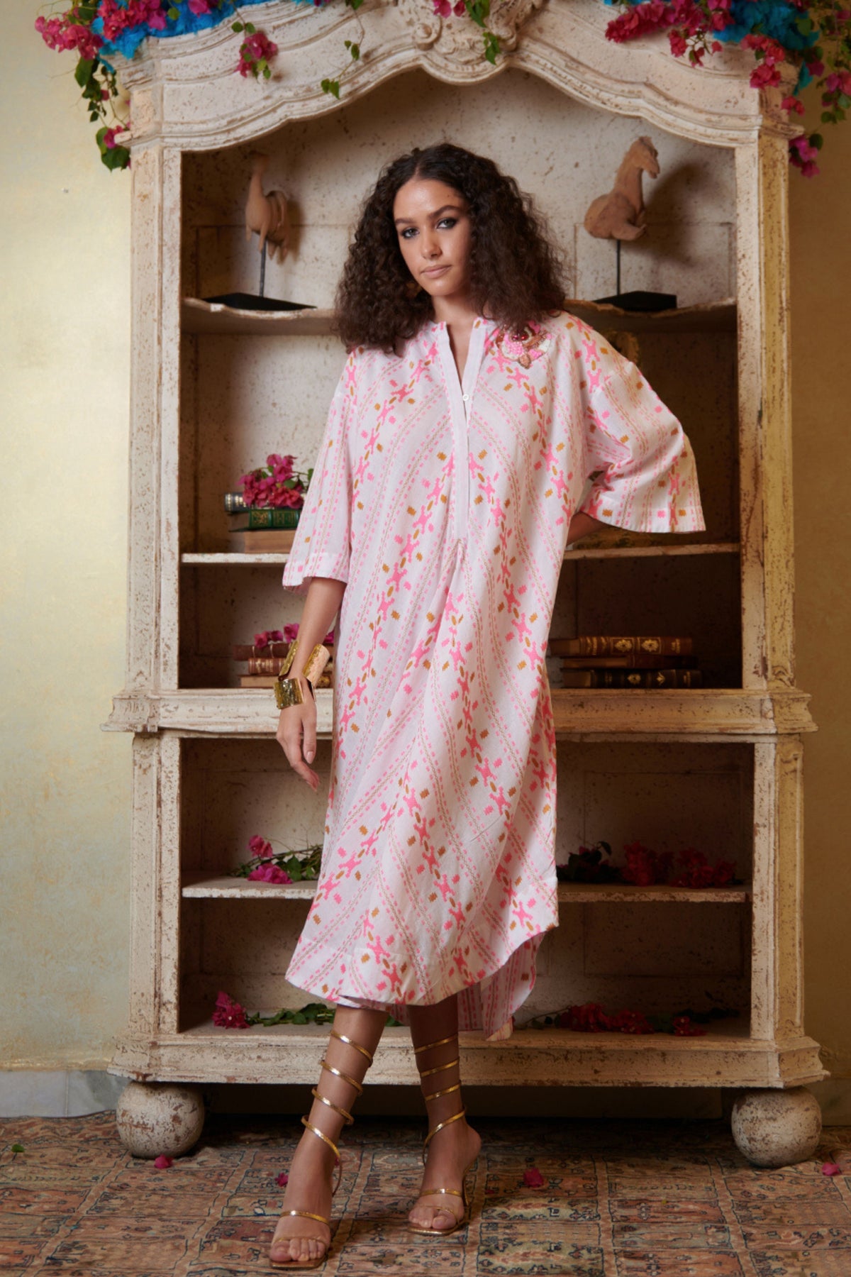 Printed Pink and White Assymetrical Dress