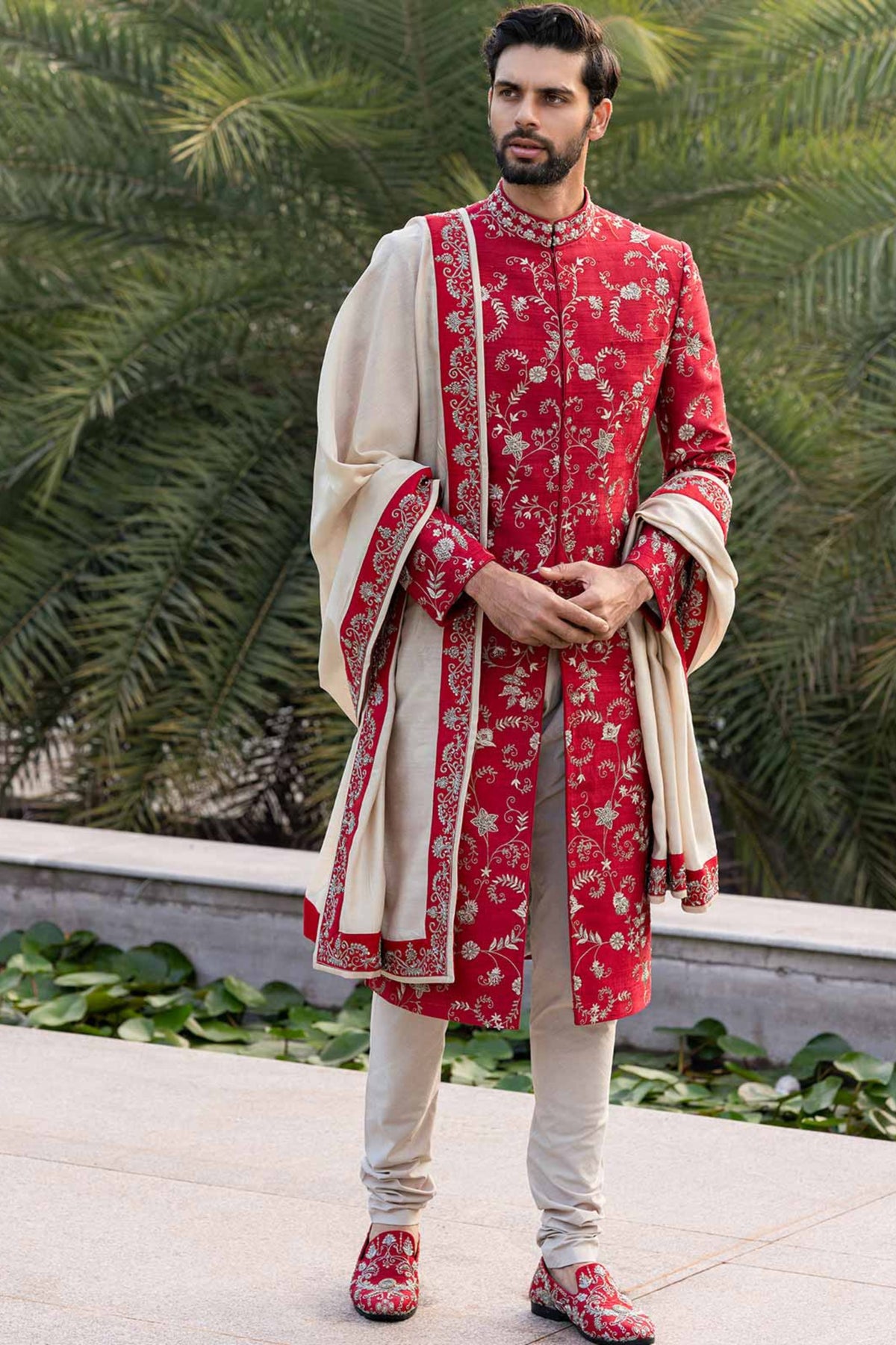 Red Embroidered Sherwani  Set