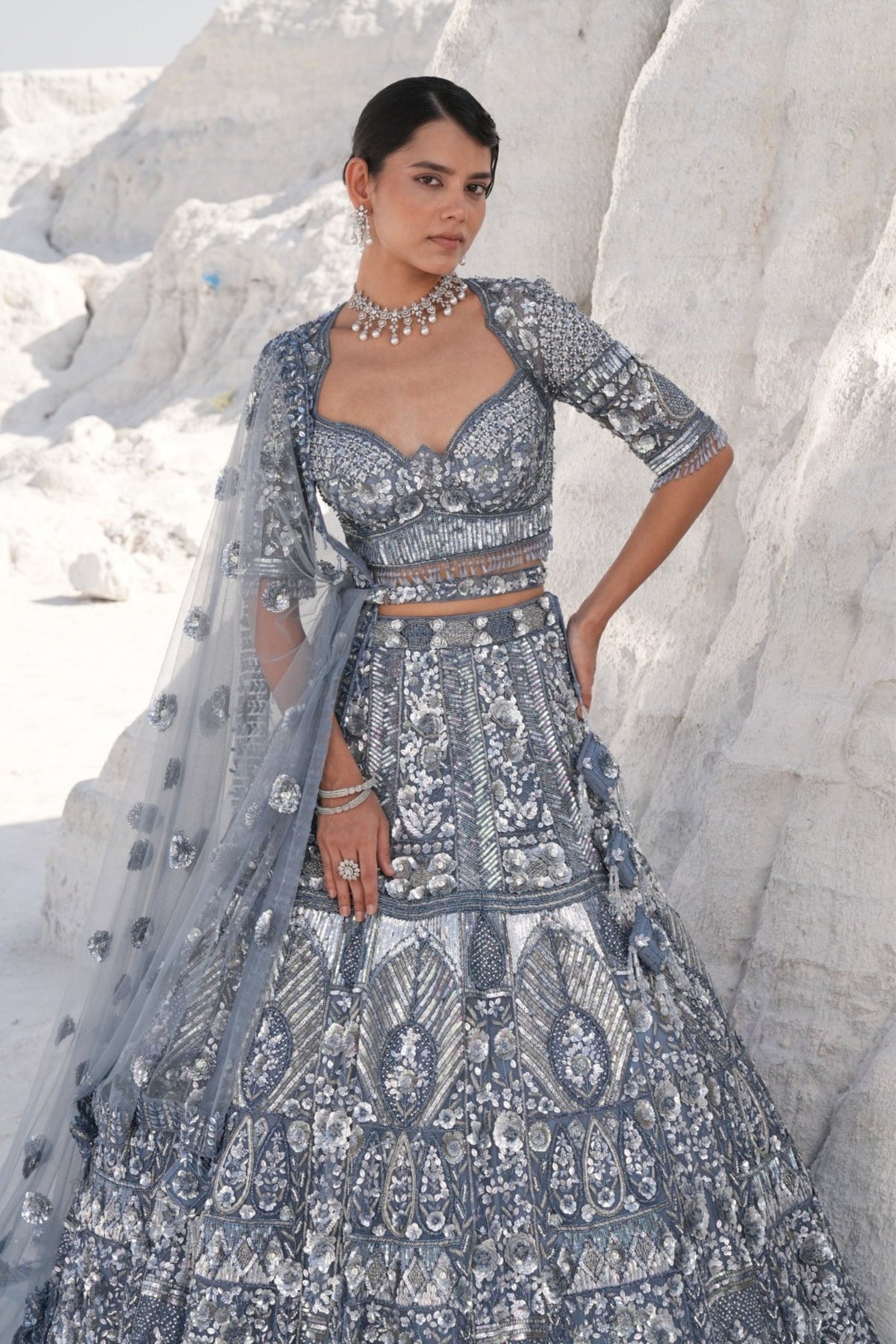 Ice Blue Embroidered Lehenga Set