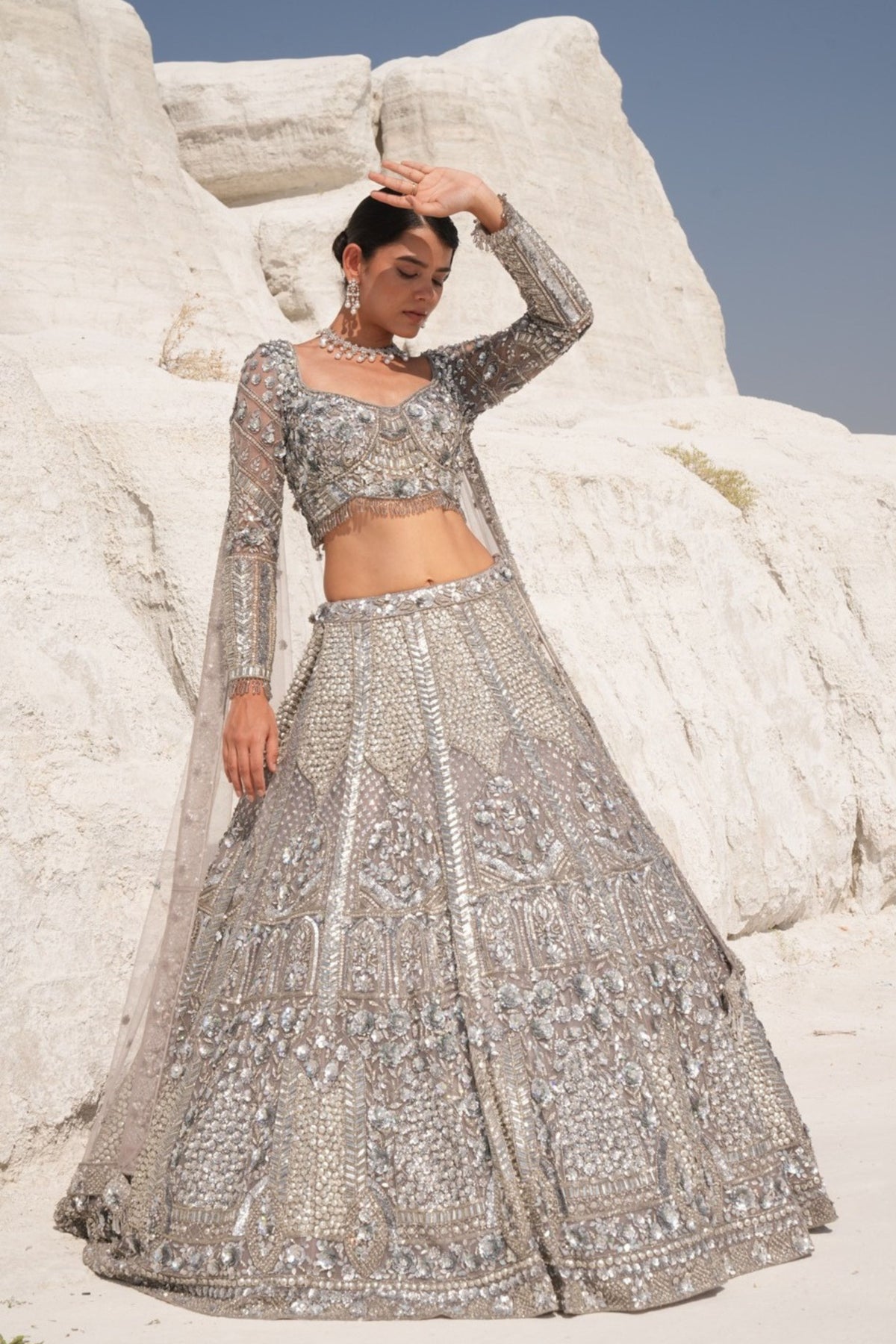 Steel Grey Embroidered Lehenga Set