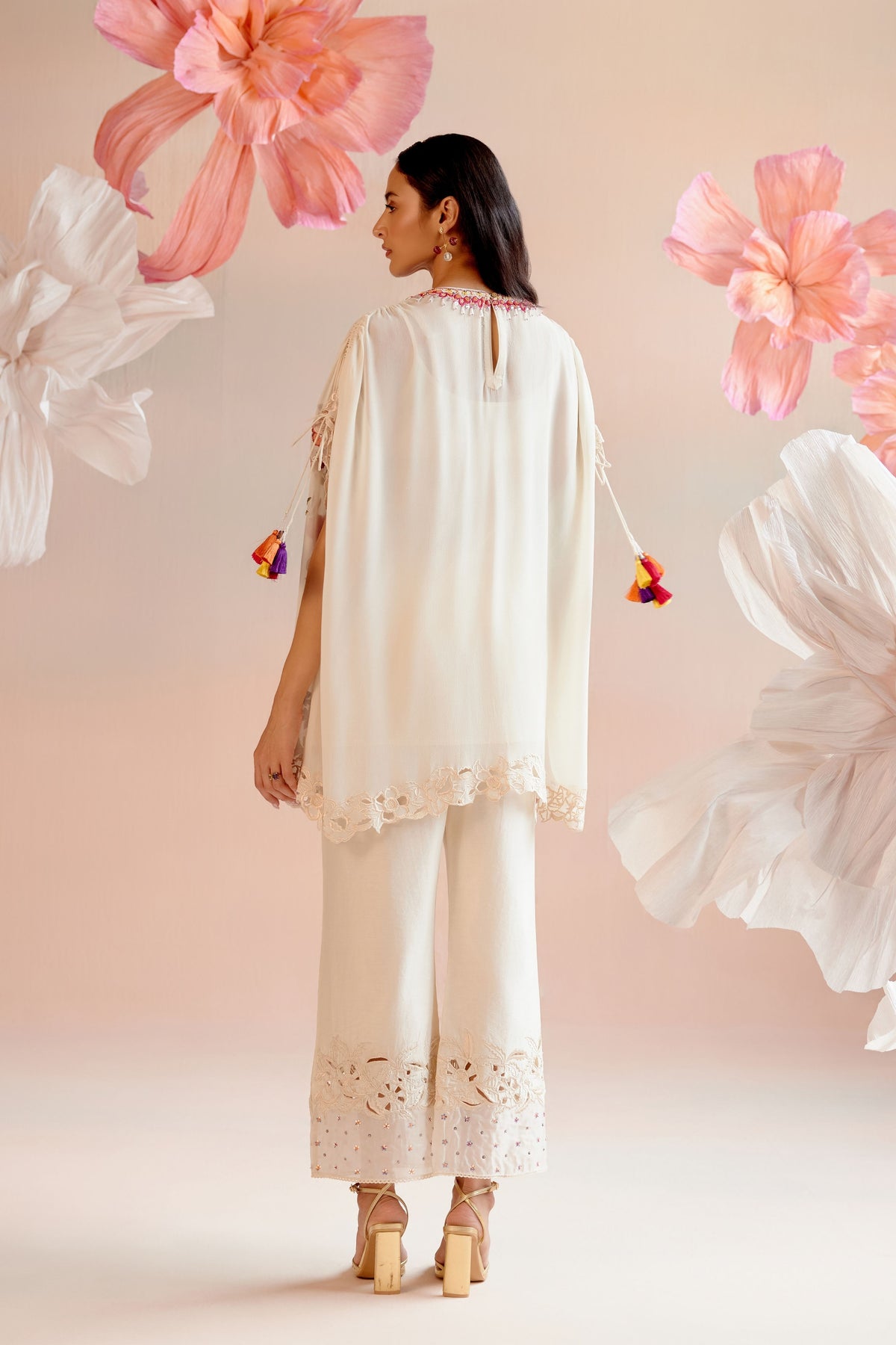 Ivory Floral Embroidered Kaftan Set